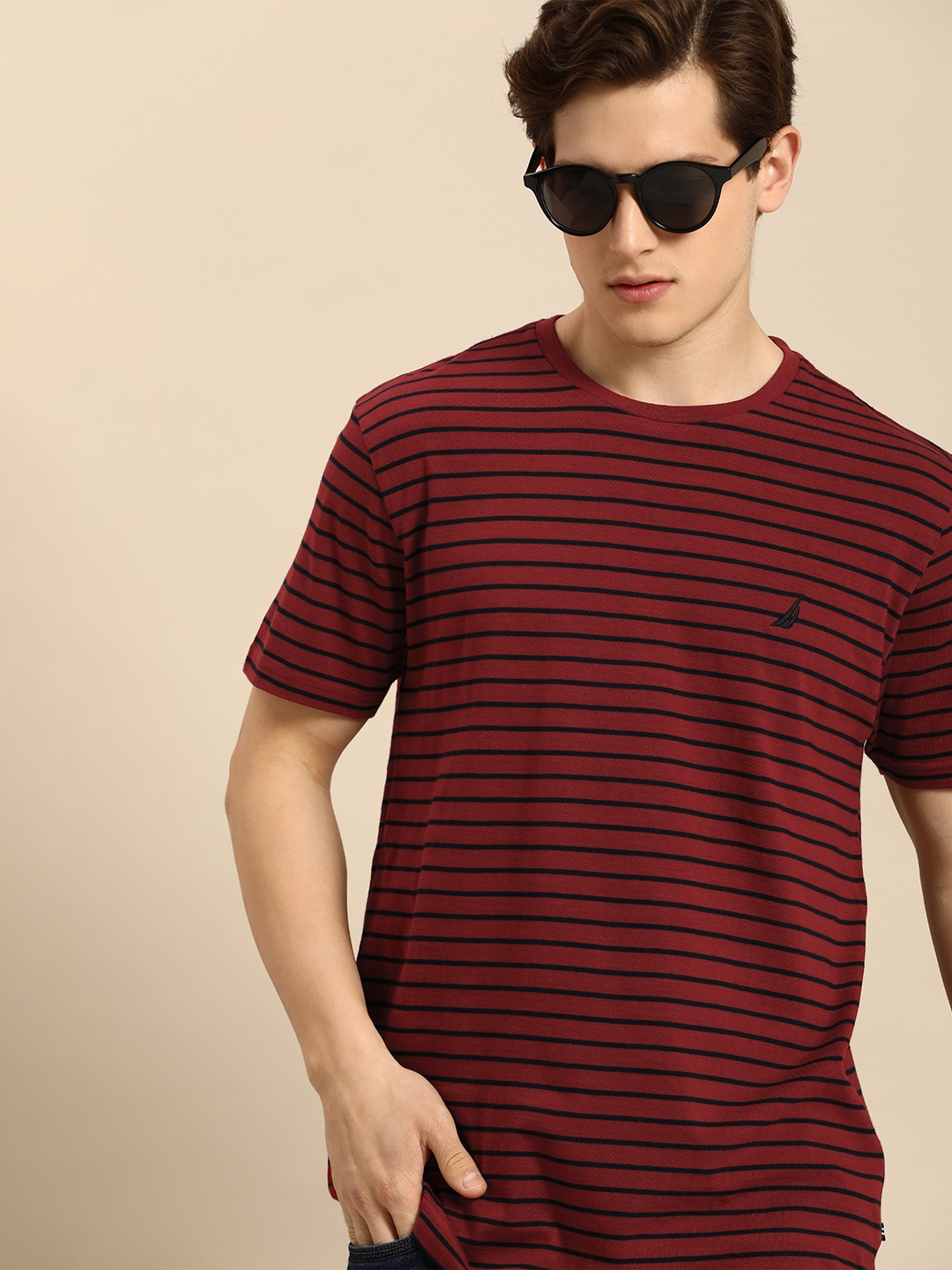 

Nautica Men Maroon & Black Striped Pure Cotton Casual T-shirt
