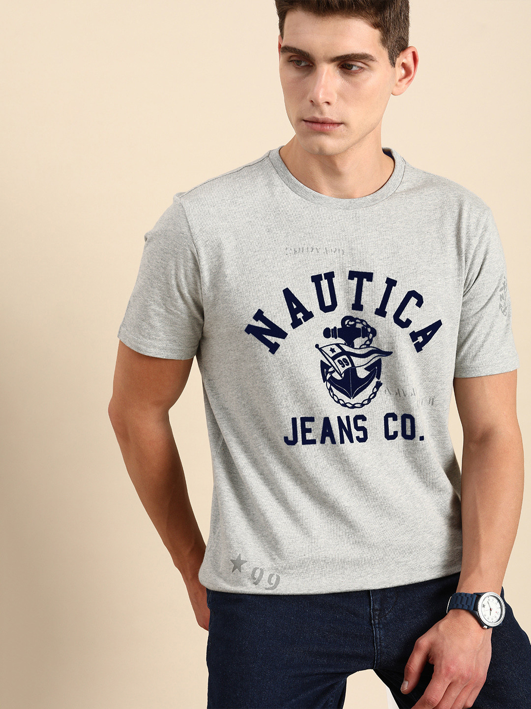 

Nautica Men Grey Melange Brand Logo Printed Pure Cotton T-shirt
