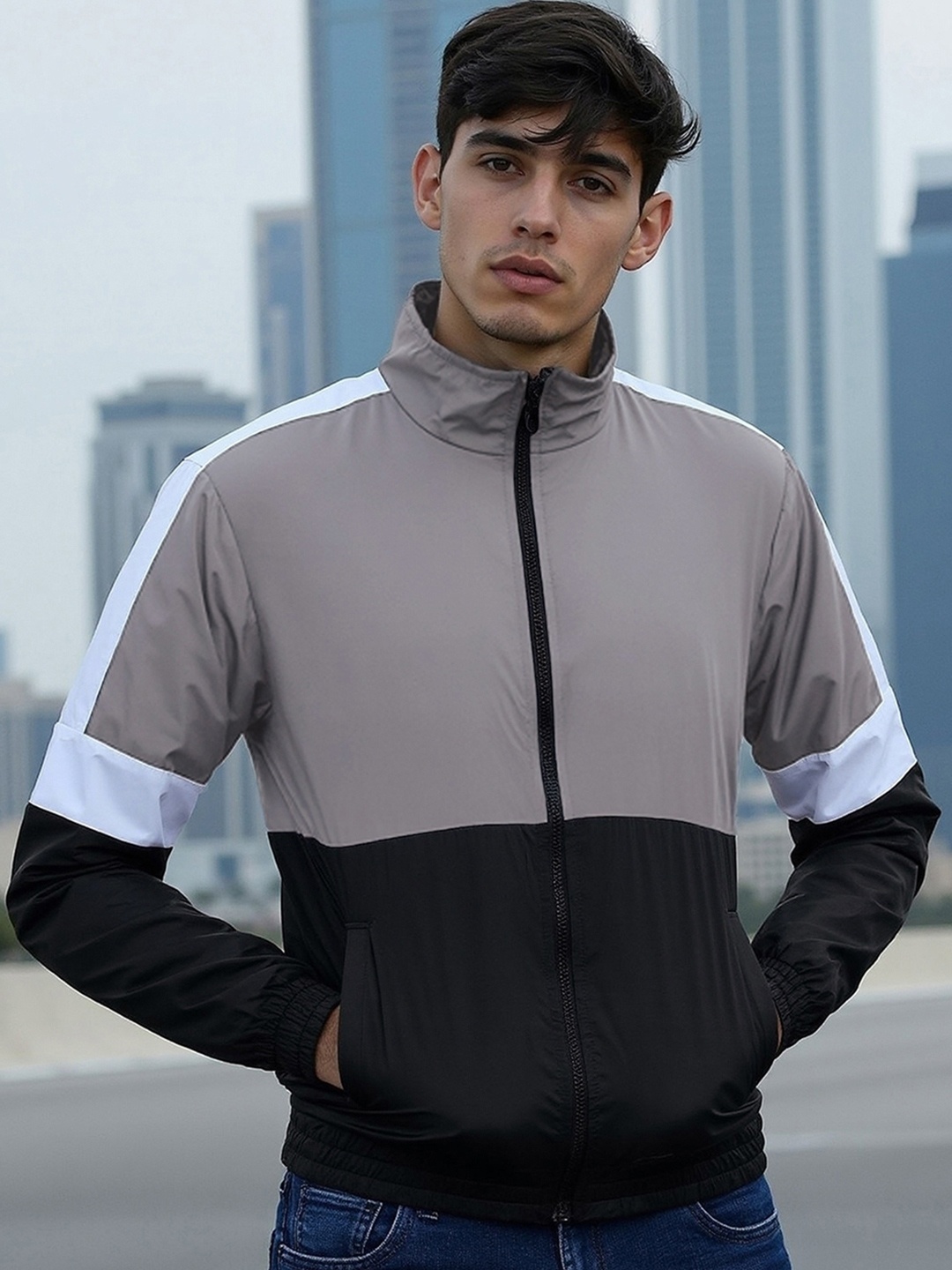 

Bewakoof Air 1.0 Men Colourblocked Bomber Jacket, Grey