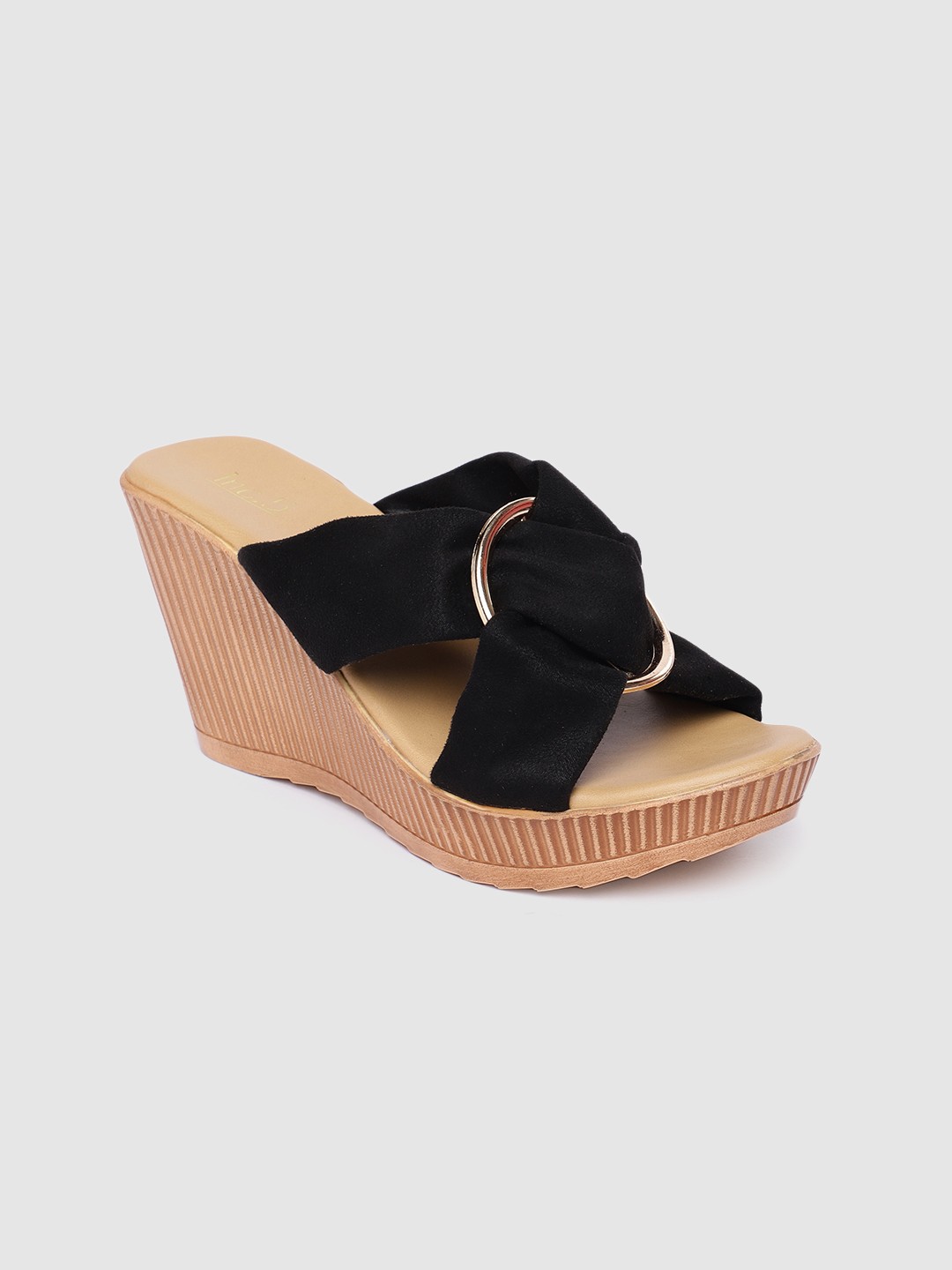 

Inc 5 Women Black & Peach Solid Casual Regular Ankle Wedge Sandals