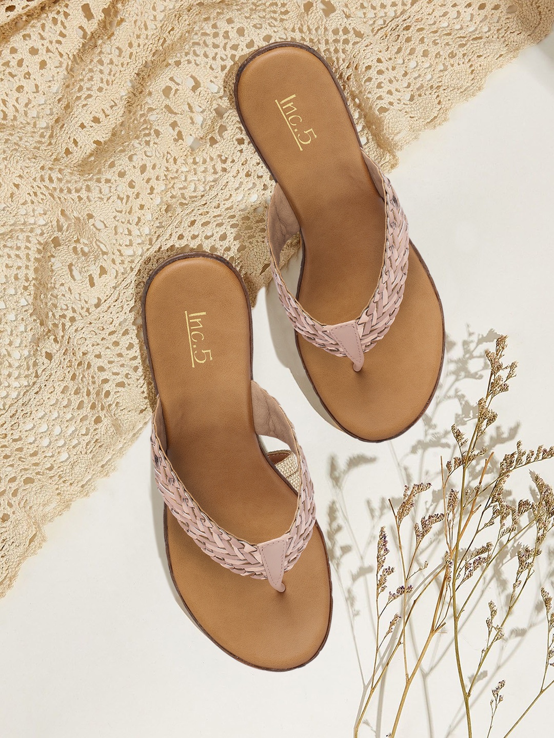 

Inc 5 Peach-Coloured Woven Design Embellished Wedges