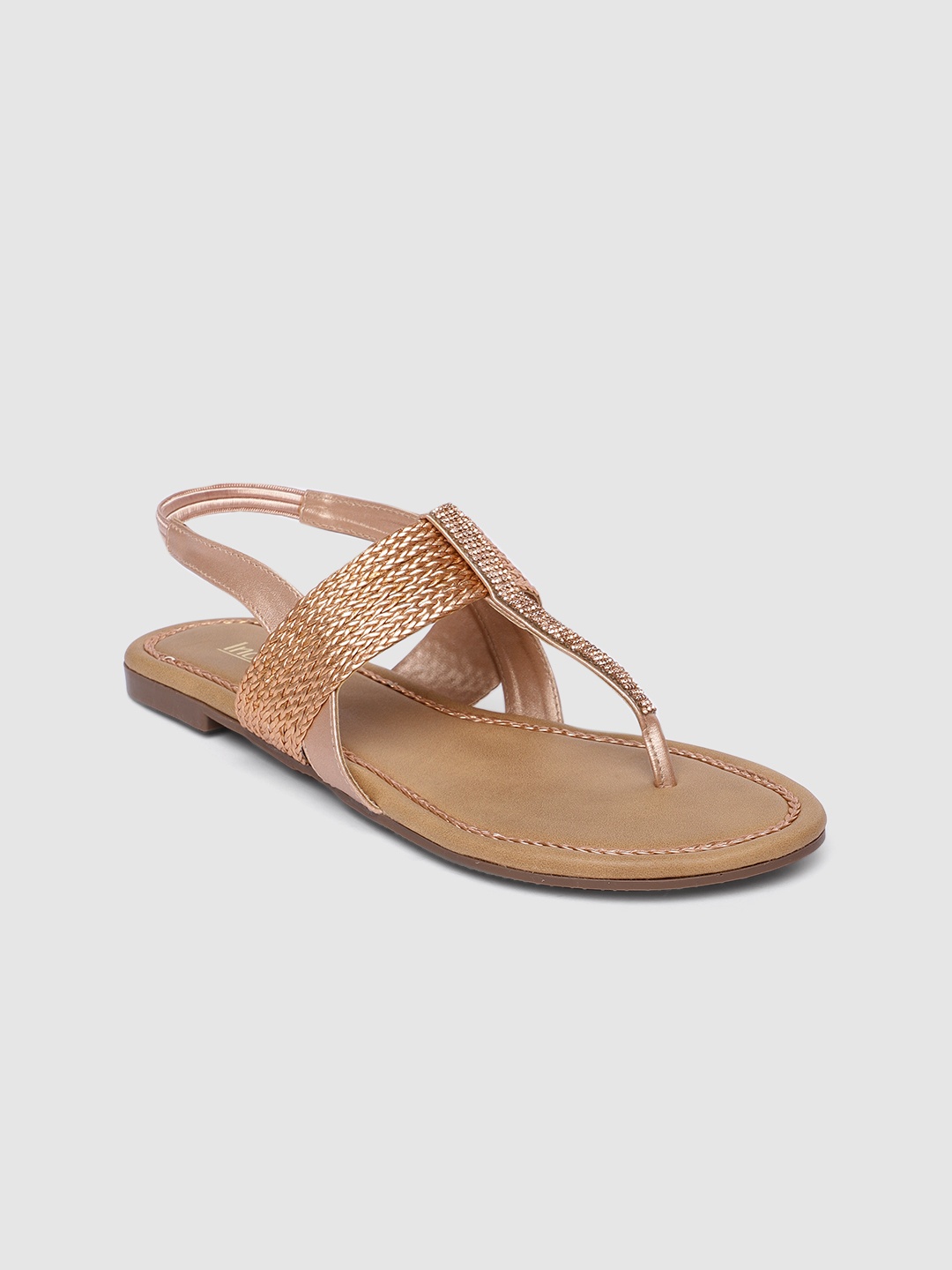 

Inc 5 Women Copper-Toned Textured Embellished T-Strap Flats
