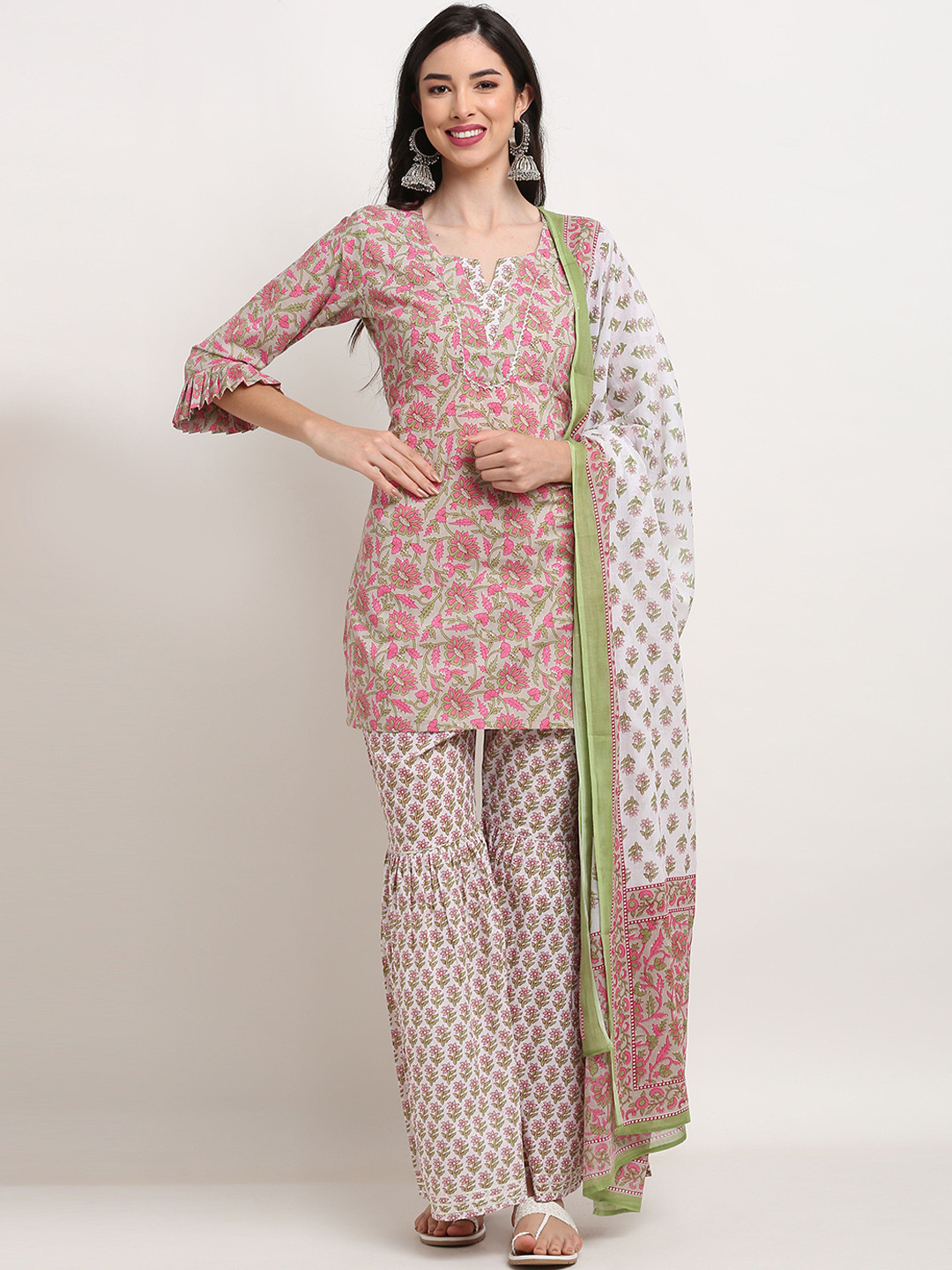

Rajnandini Women Pink & Beige Floral Pure Cambric Cotton Kurti with Sharara & Dupatta