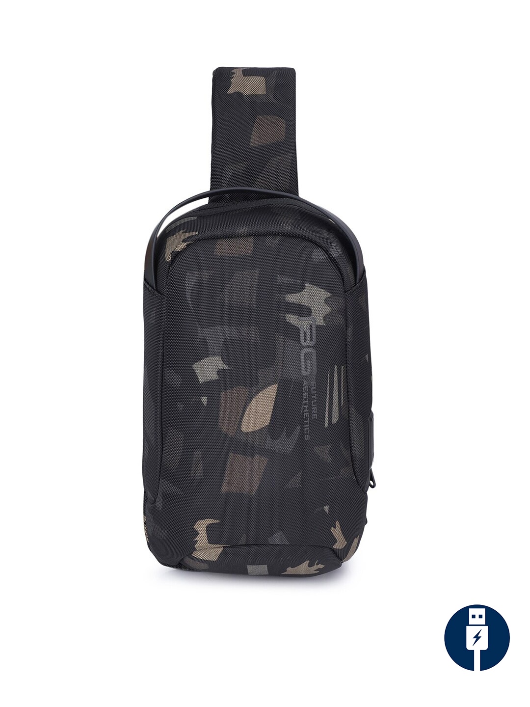 

BANGE Unisex Black & Grey Camouflage Printed Crossbody Sling Bag With USB Charging