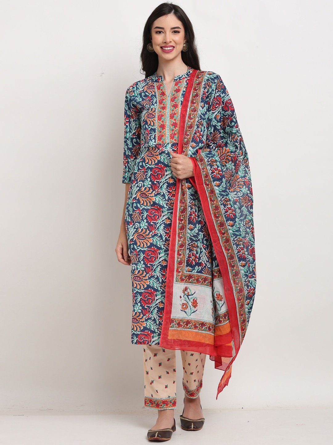 

Rajnandini Women Navy Blue Floral Printed Regular Pure Cotton Kurta with Palazzos &Dupatta