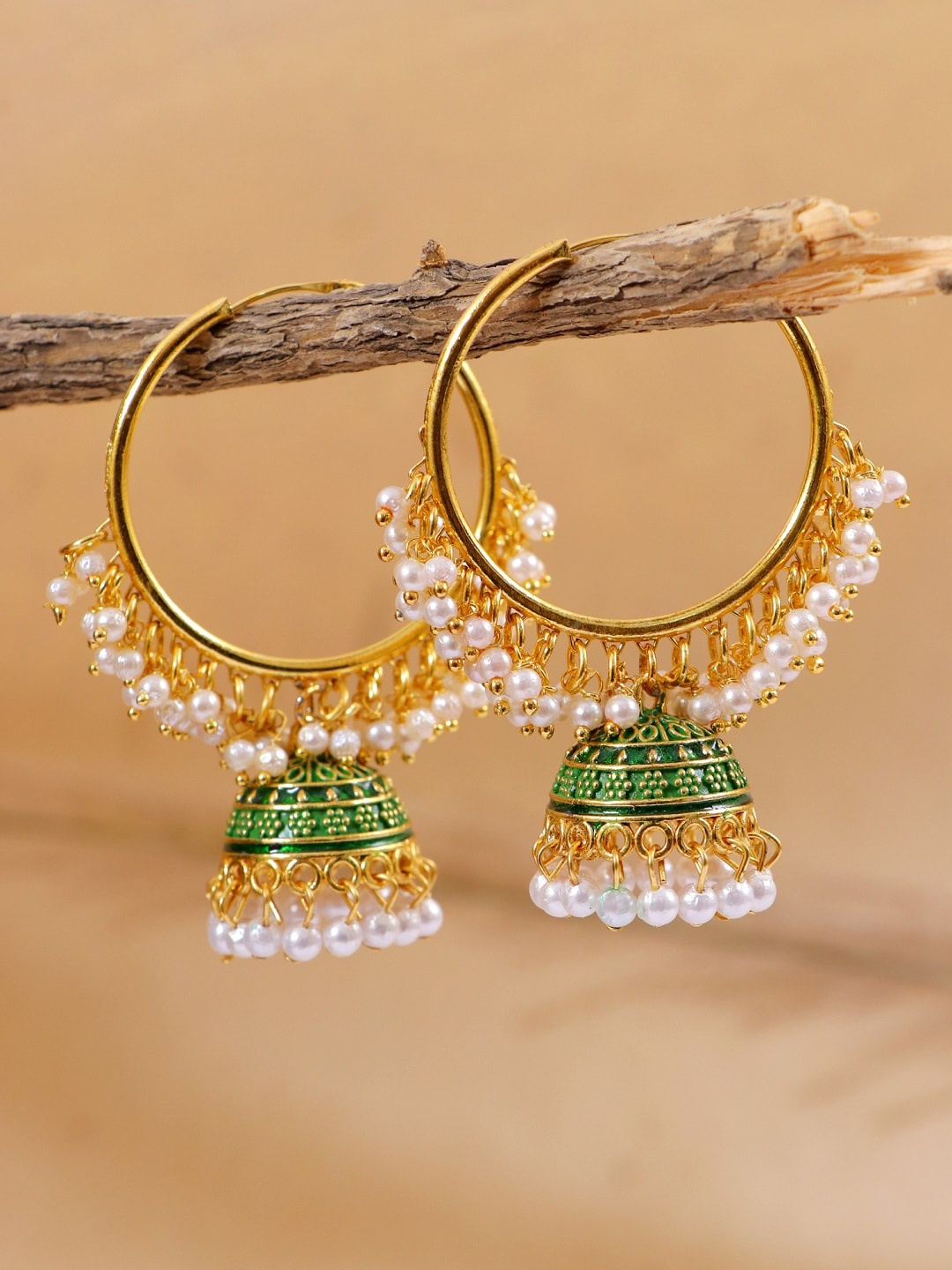 

Crunchy Fashion Green & Off White Dome Shaped Jhumkas Earrings