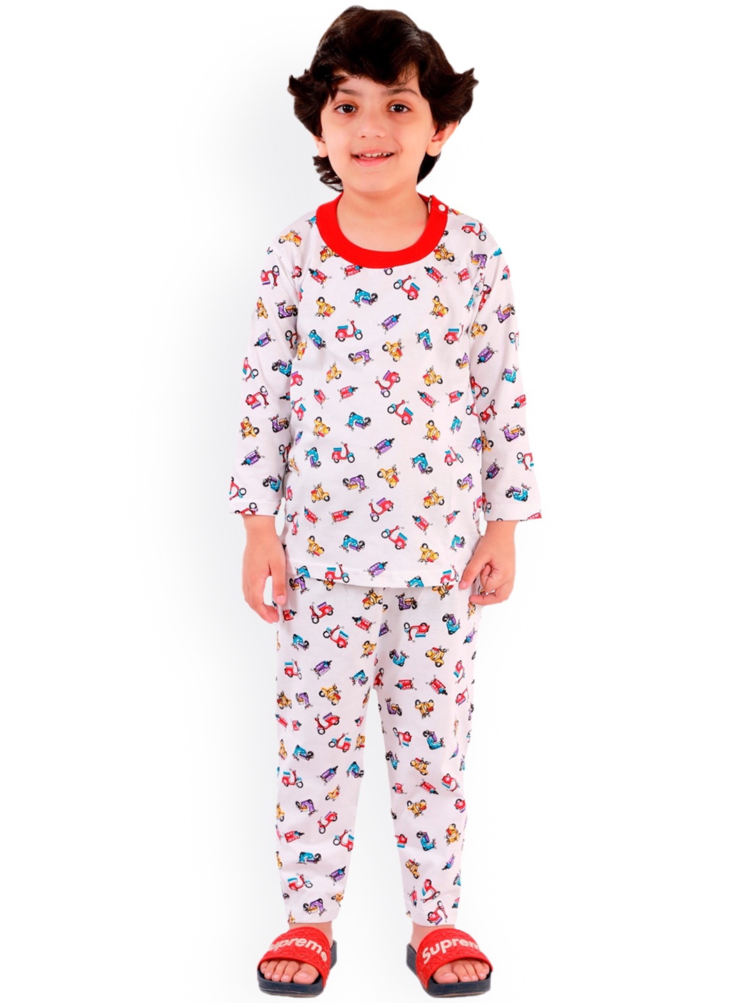 

Superminis Kids White & Red Printed Pure Cotton Night suit