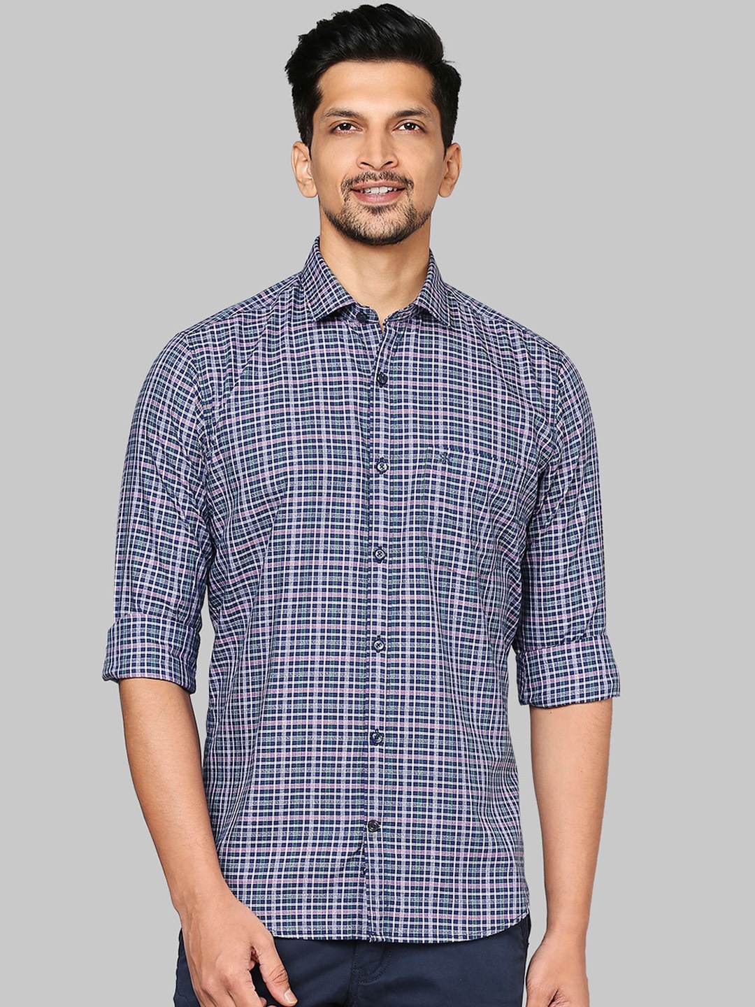 

Raymond Men Navy Blue & White Opaque Checked Casual Shirt