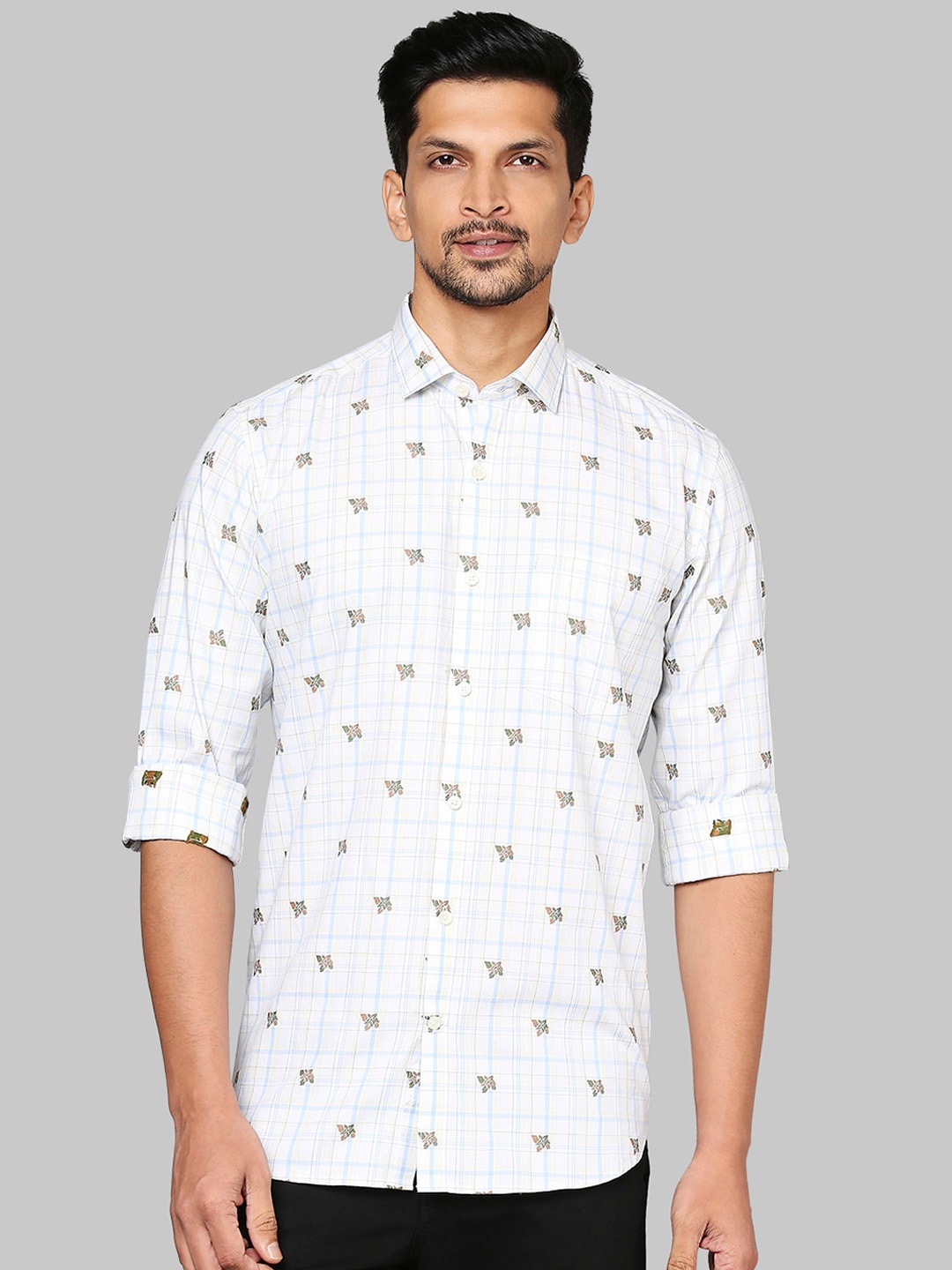 

Raymond Men Beige & Blue Opaque Checked Cotton Casual Shirt