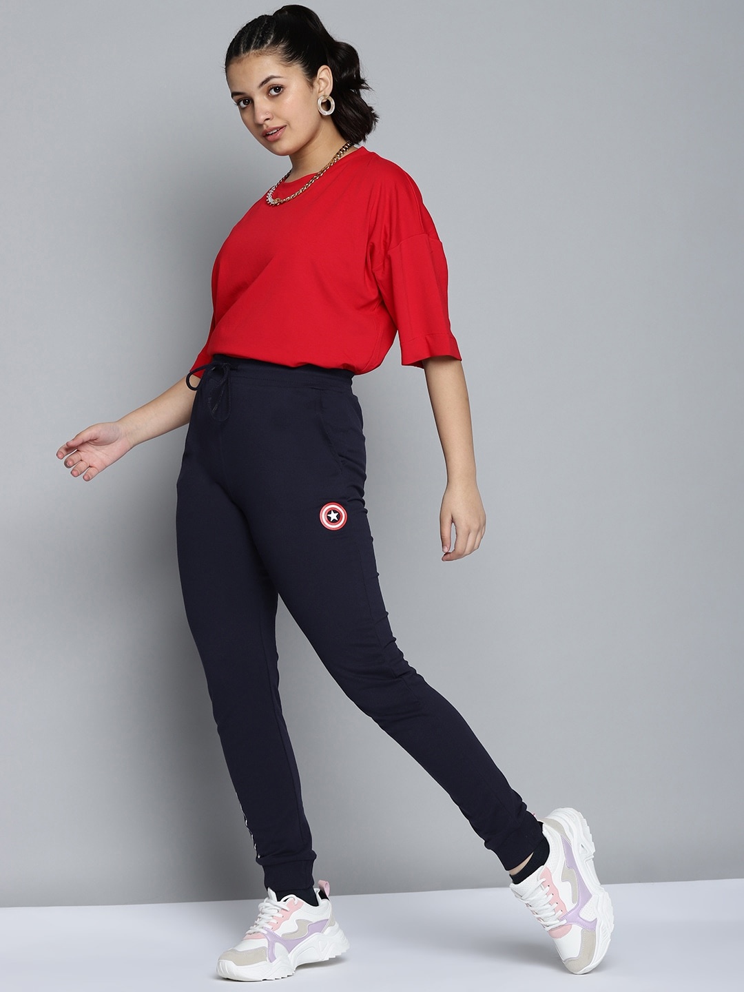 

Kook N Keech Marvel Teens Girls Navy Blue & Red Marvel Brand Logo Print Joggers