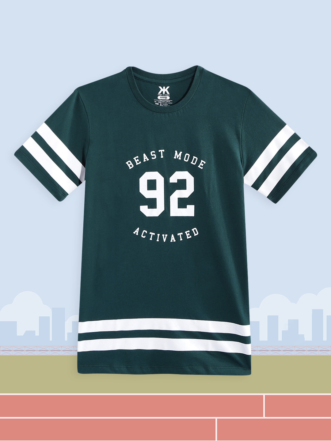 

Kook N Keech Teens Boys Green & White Pure Cotton Striped Drop-Shoulder Sleeves T-shirt