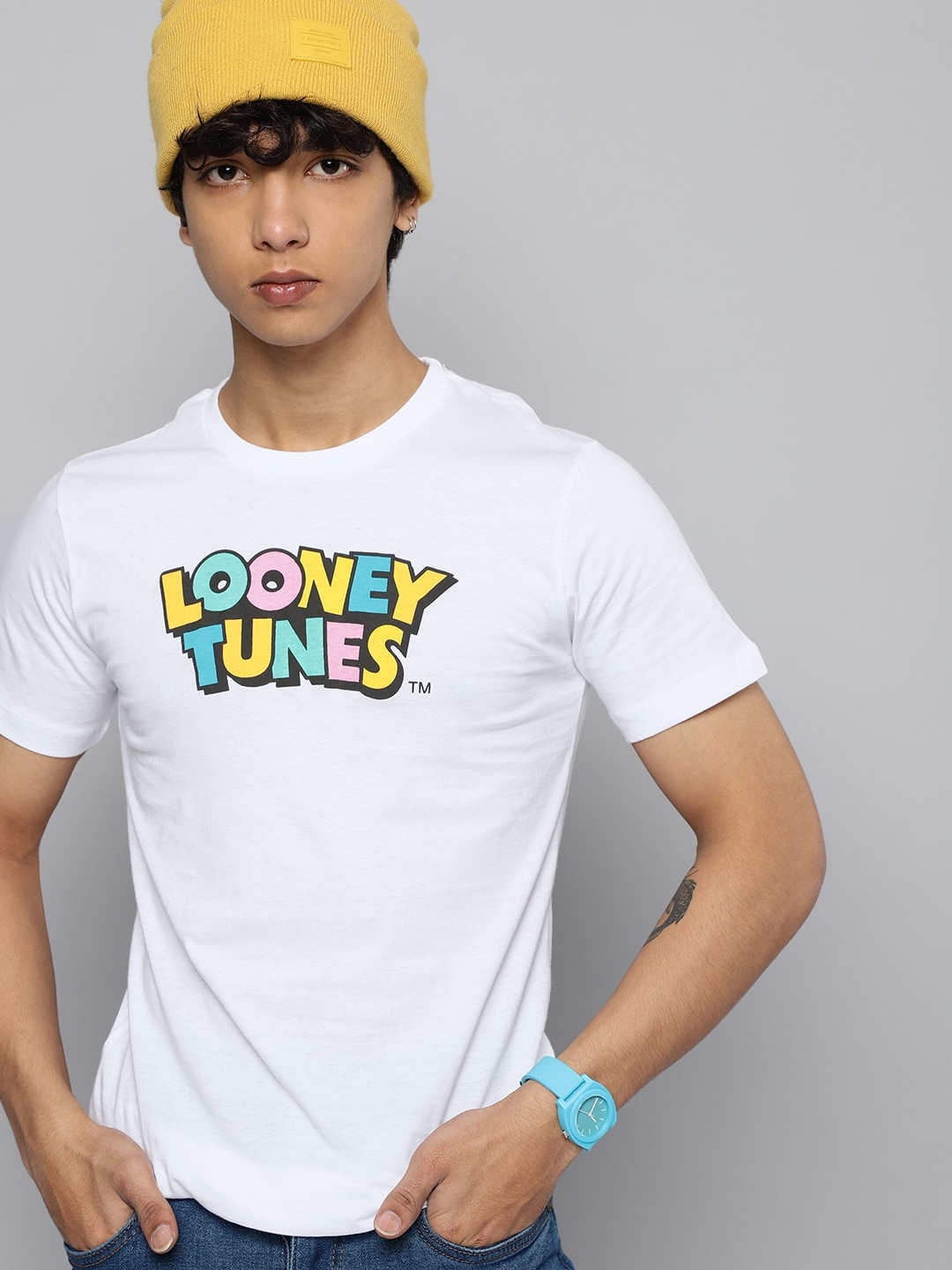 

Kook N Keech Looney Tunes Teens Boys White & Blue Typography Printed Pure Cotton T-shirt