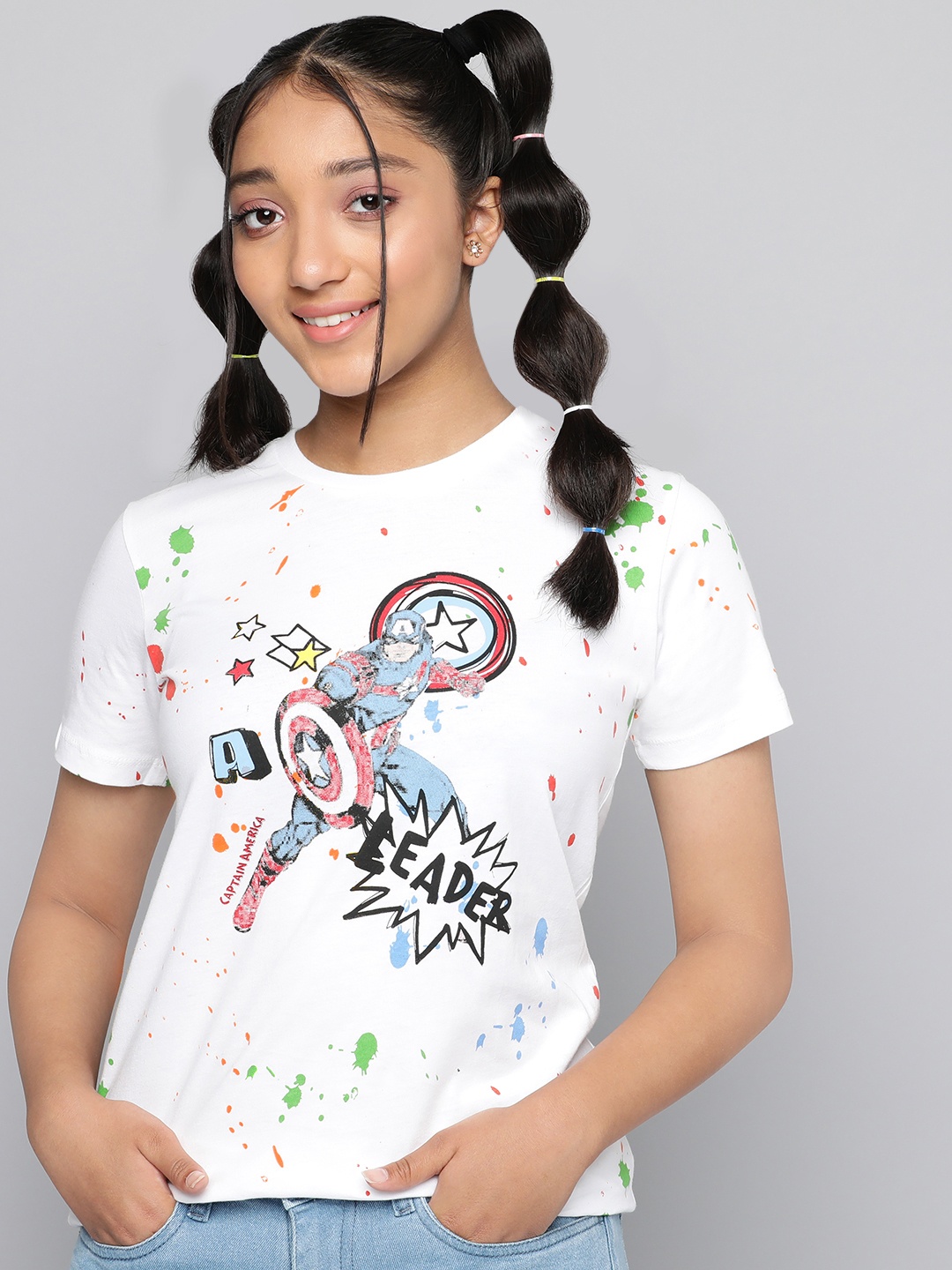 

Kook N Keech Marvel Teens Girls White & Blue Cotton Captain America Printed T-shirt