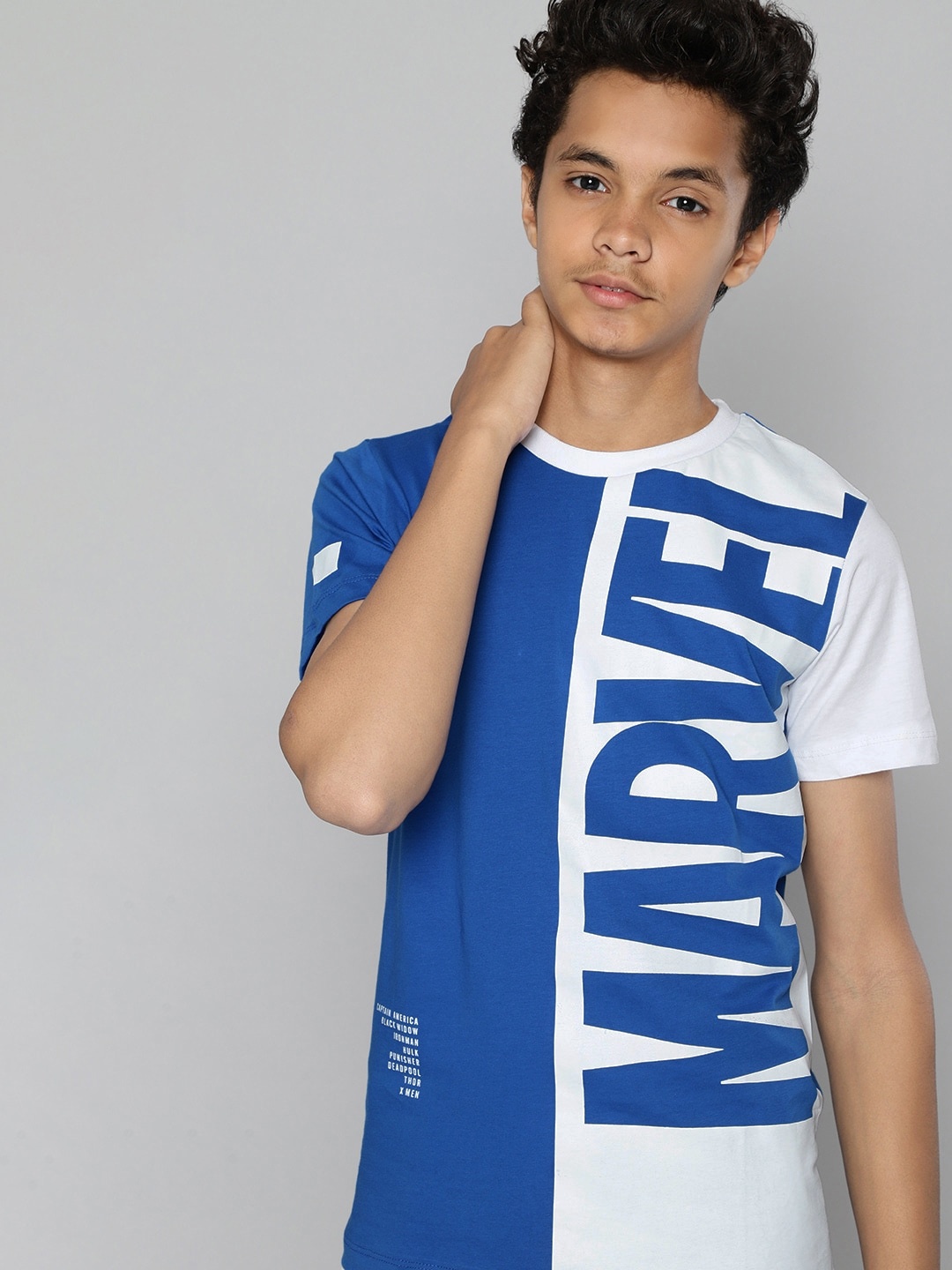 

Kook N Keech Marvel Teens Boys Blue & White Pure Cotton Brand Logo Printed T-shirt