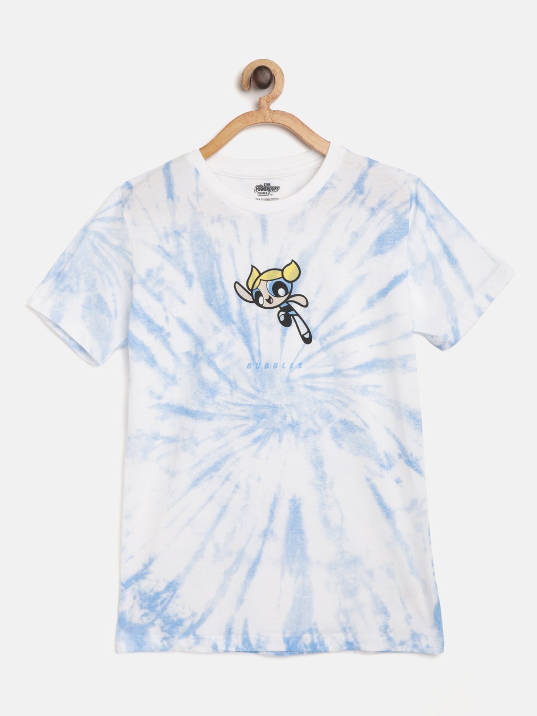 

Powerpuff Girls by Kook N Keech Teens Girls White & Blue Pure Cotton Tie & Dye T-shirt