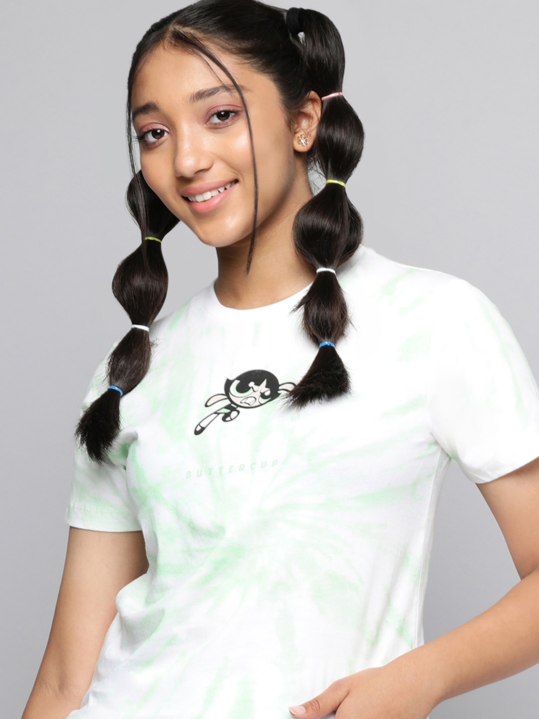 

Powerpuff Girls by Kook N Keech Teens Girls White & Green Cotton Buttercup Printed T-shirt