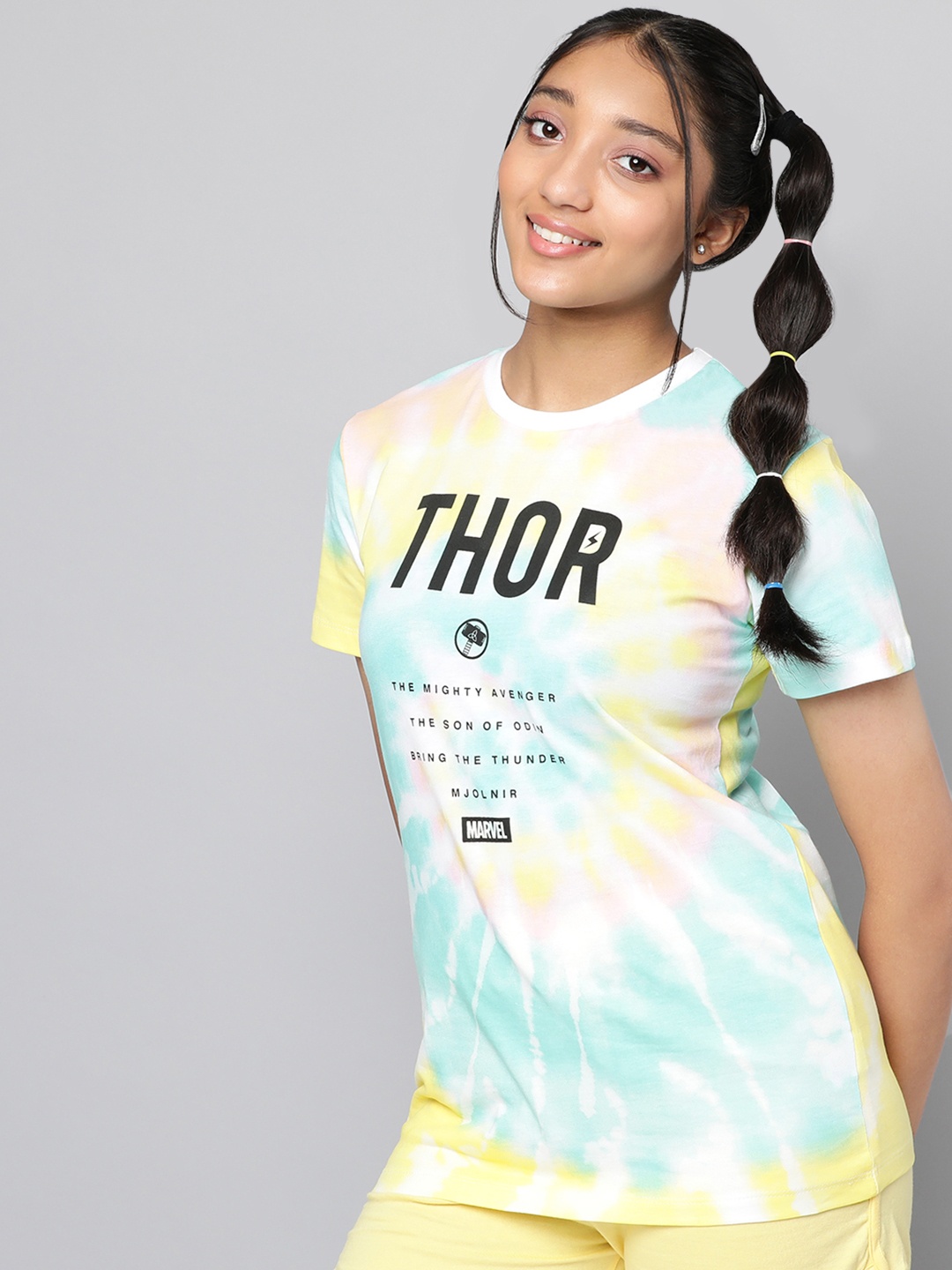 

Kook N Keech Marvel Teens Girls Yellow & Sea Green Cotton Dyed T-shirt
