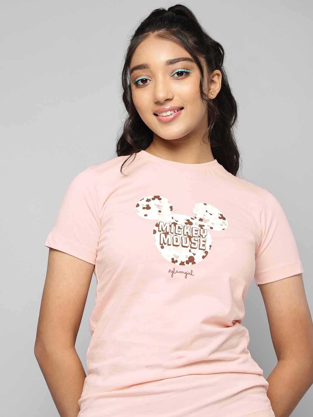 

Kook N Keech Disney Teens Girls Peach-Coloured Mickey Mouse Print Pure Cotton T-shirt