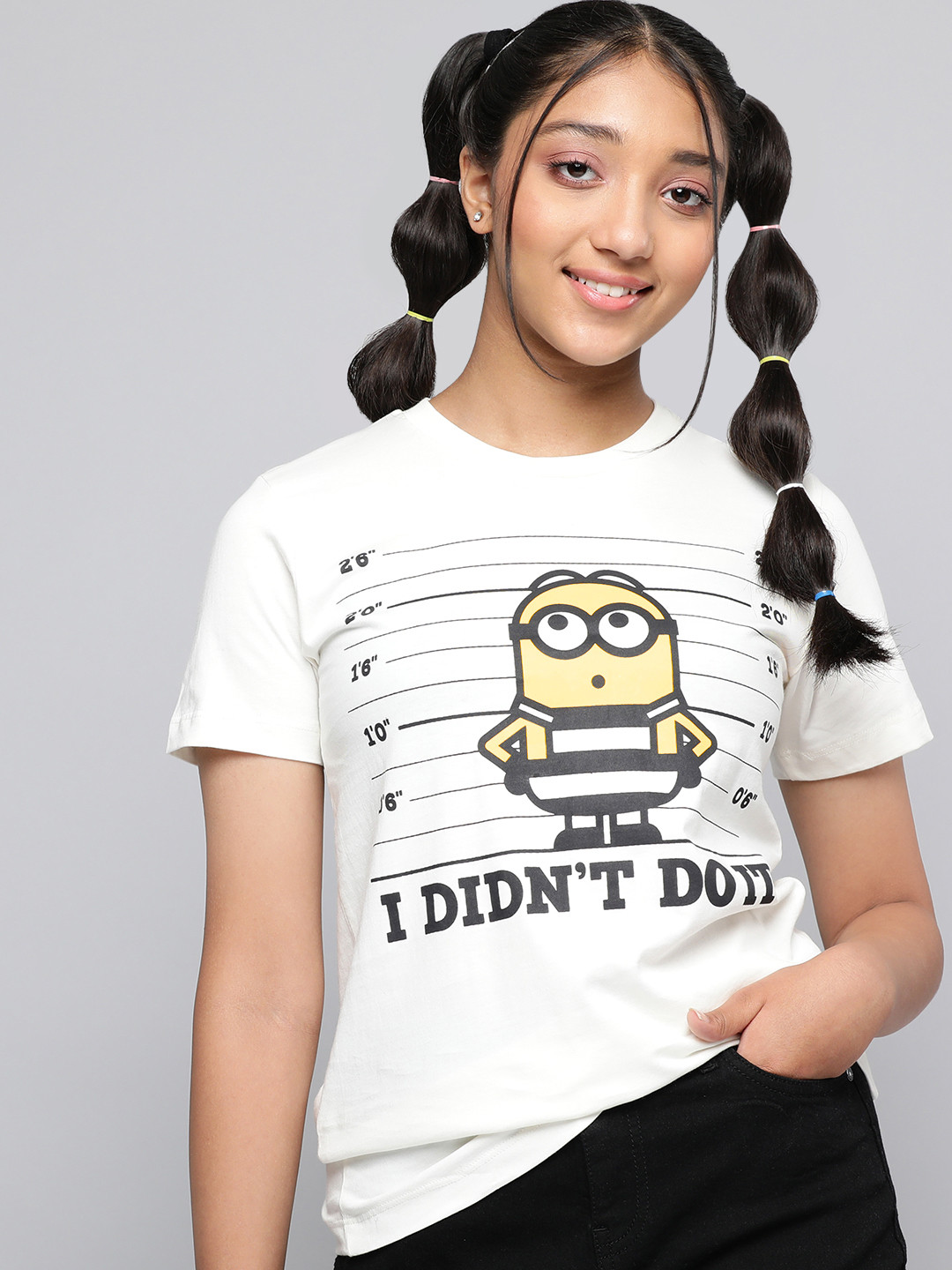 

Minions by Kook N Keech Teens Girls Off White & Black Pure Cotton Minions Print T-shirt