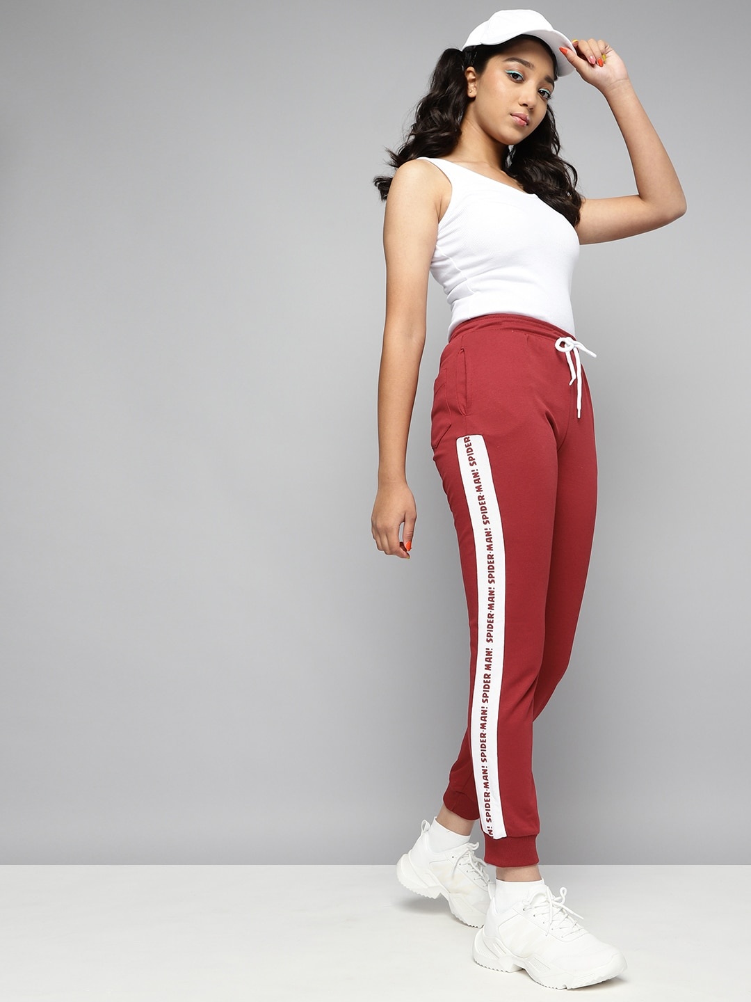 

Kook N Keech Marvel Teens Girls Burgundy & White Solid Joggers with Spiderman Side Taping