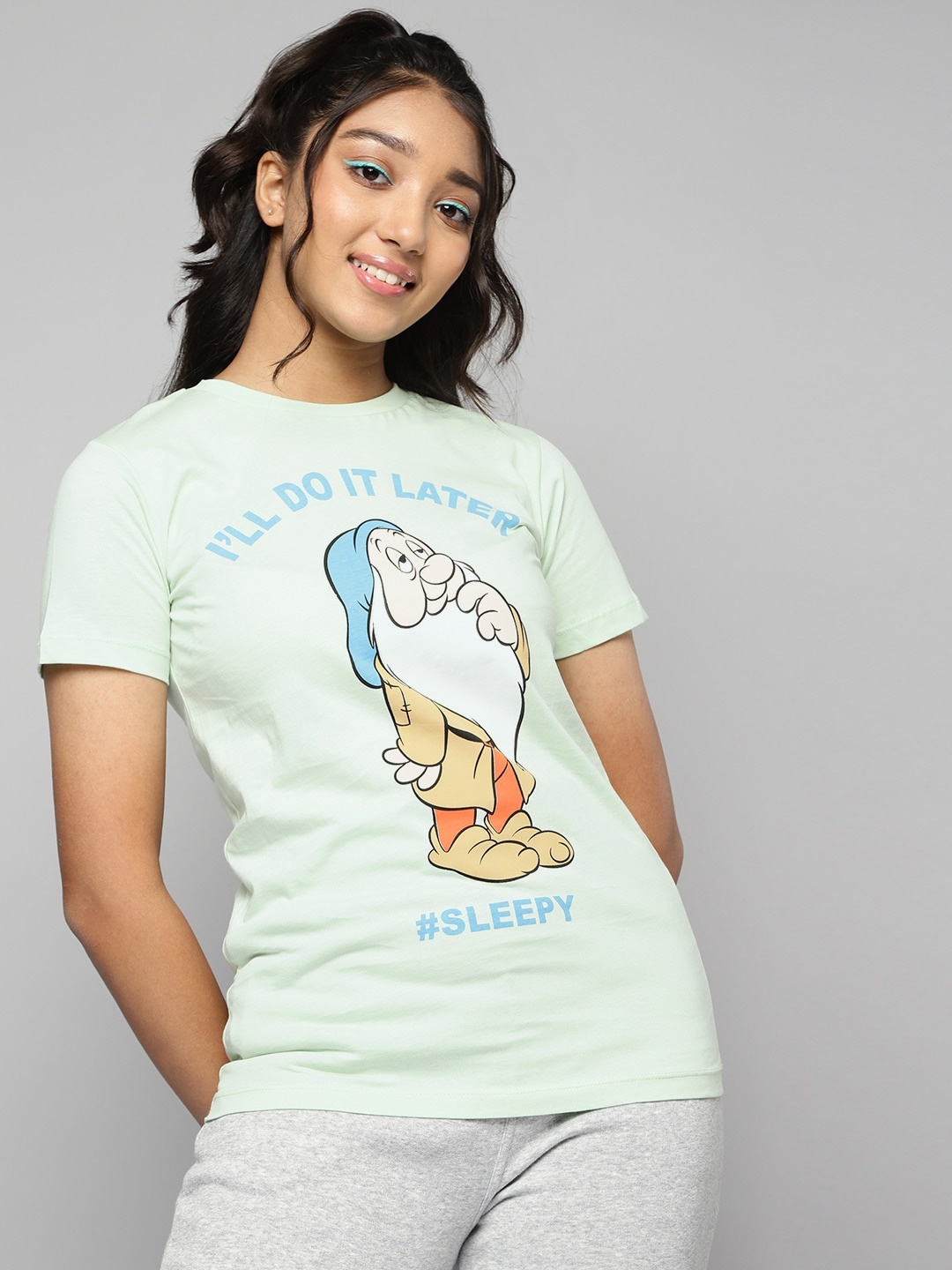 

Kook N Keech Disney Teens Girls Mint Green & White Sleepy Printed Cotton T-shirt