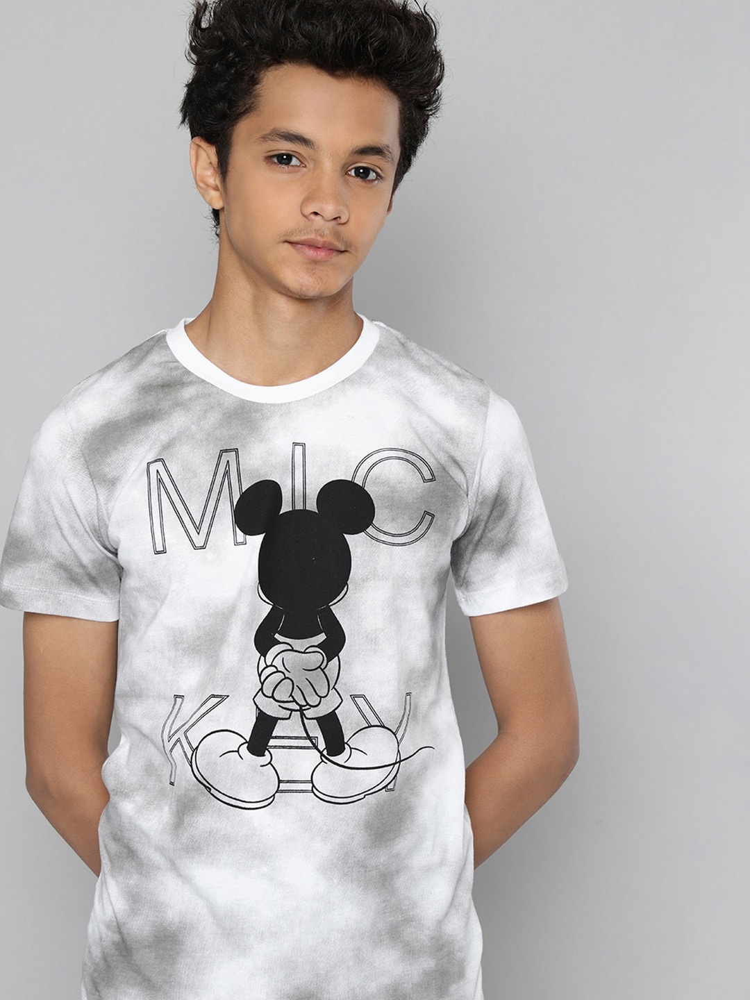 

Kook N Keech Disney Teens Boys White & Black Dyed Mickey Mouse Print Cotton T-shirt