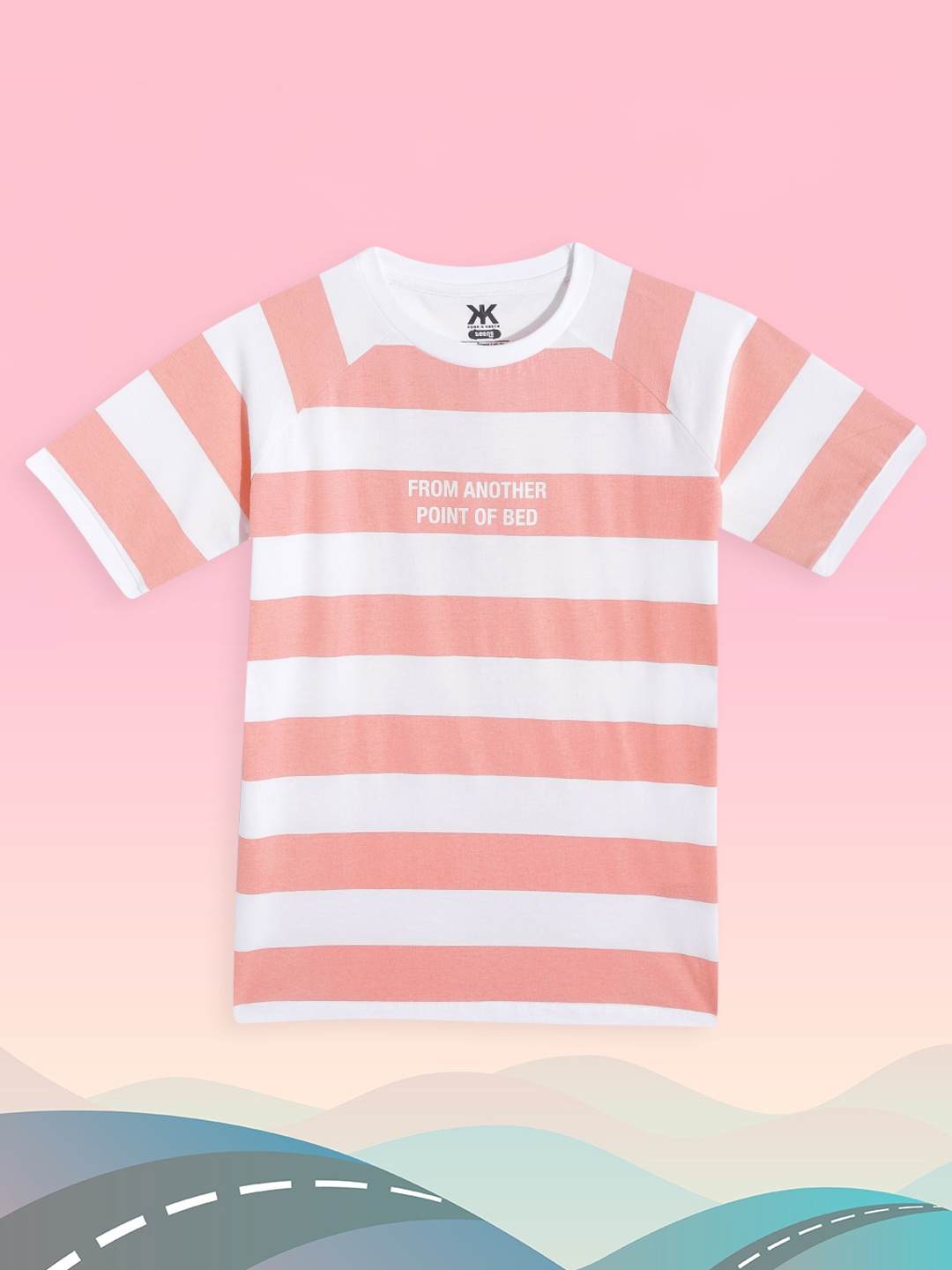 

Kook N Keech Teens Boys Peach-Coloured & White Pure Cotton Striped T-shirt
