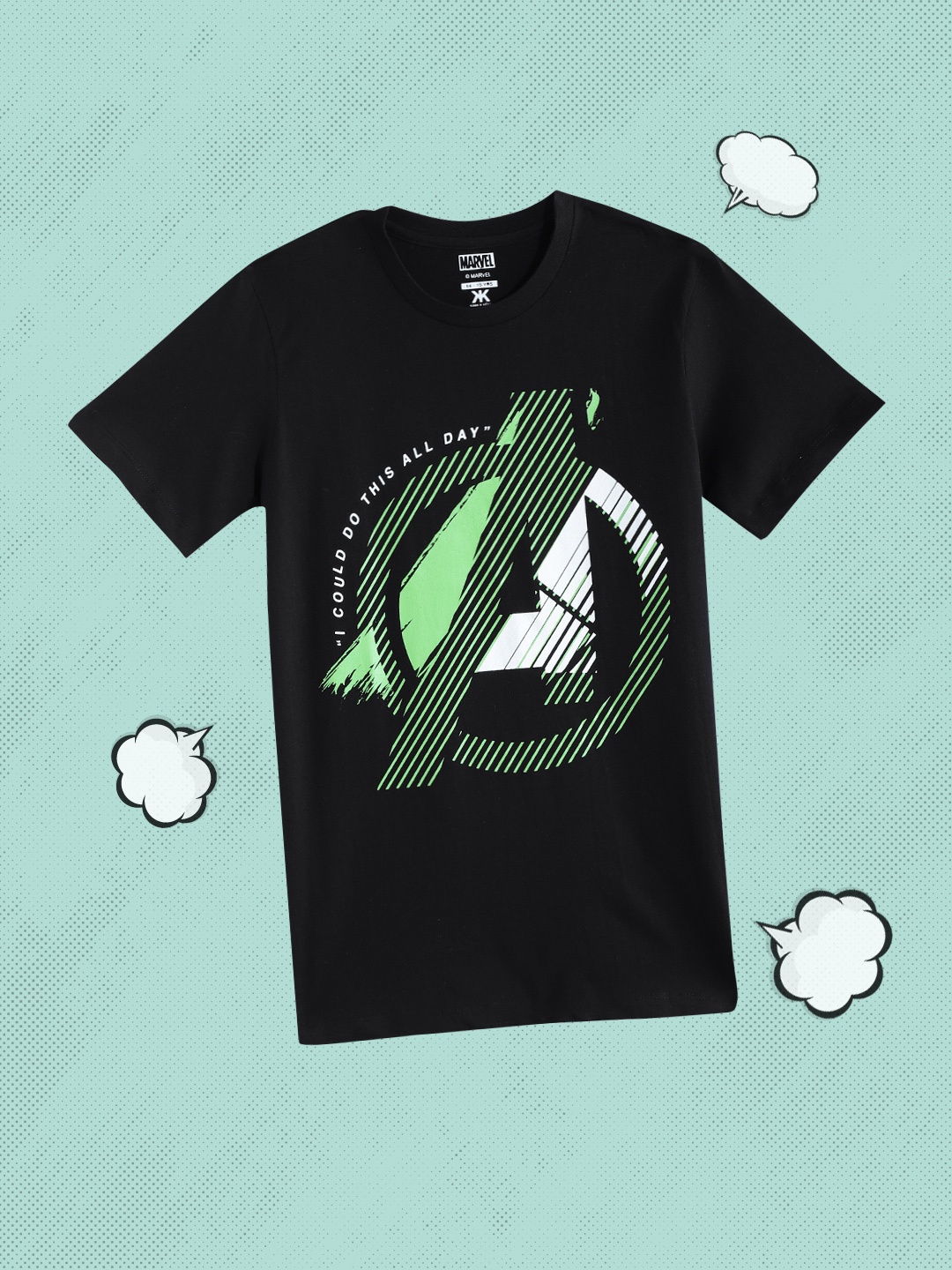

Kook N Keech Marvel Teens Boys Black & Green Typography Avengers Printed Pure Cotton T-shirt