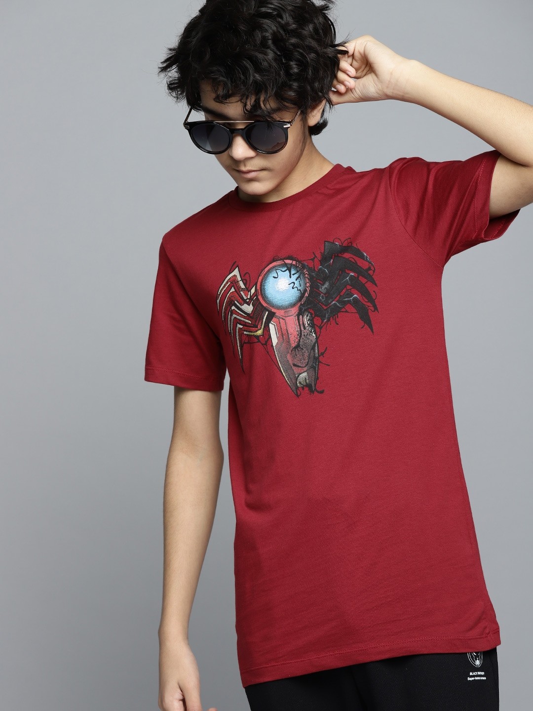 

Kook N Keech Marvel Teens Boys Maroon & Black Pure Cotton Spider-Man Printed T-shirt