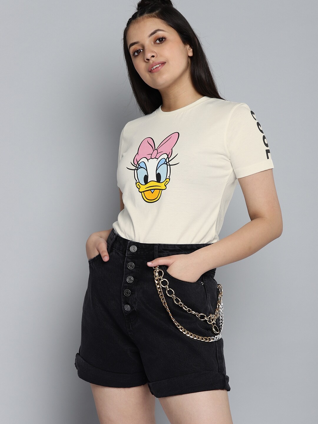 

Kook N Keech Disney Teens Girls Off White & Pink Cotton Daisy Duck Printed T-shirt