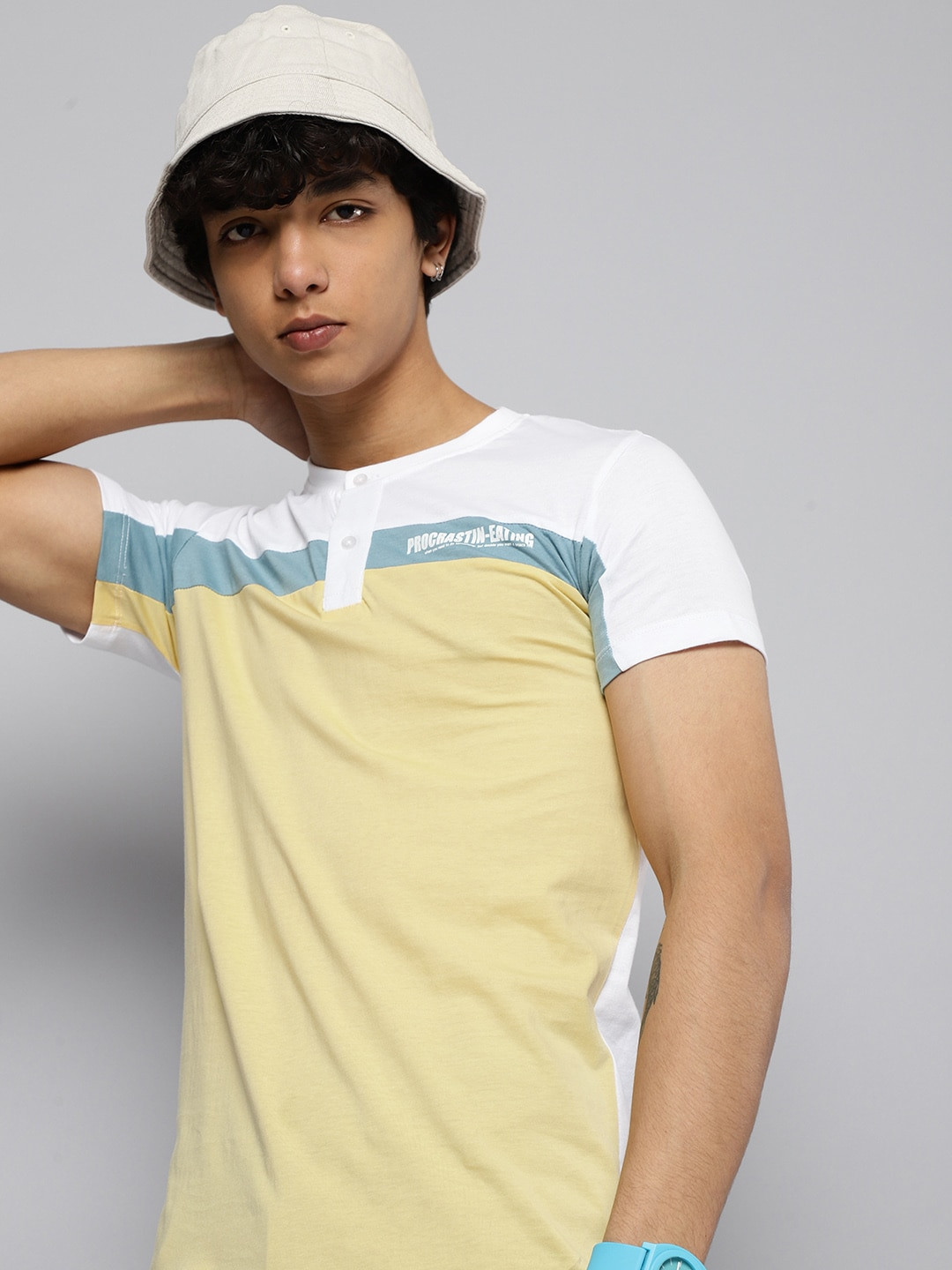 

Kook N Keech Teens Boys Yellow & White Pure Cotton Striped Typography Henley Neck T-shirt