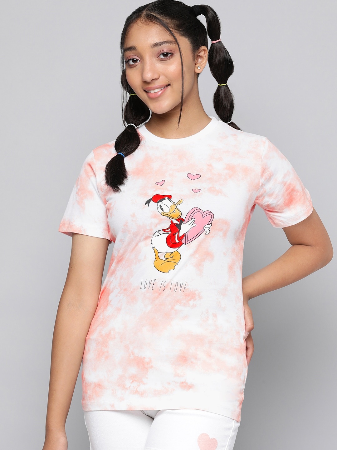 

Kook N Keech Disney Teens Girls Peach-Coloured & White Cotton Dyed Donald Duck T-shirt