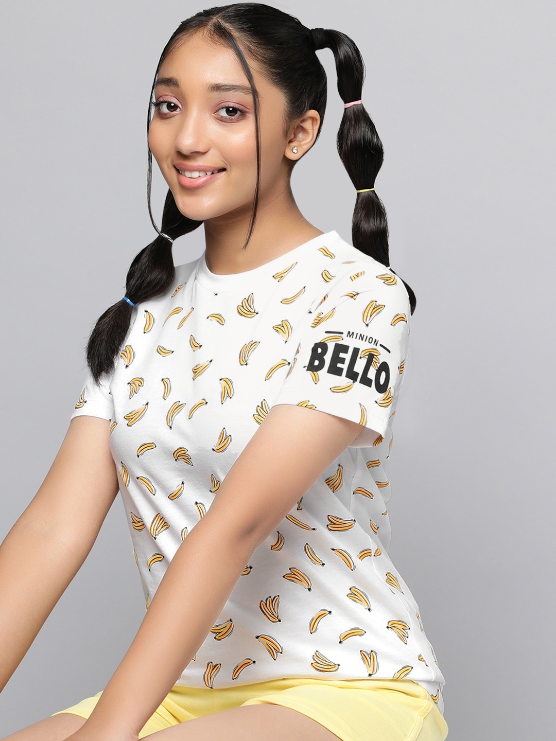 

Minions by Kook N Keech Teens Girls White & Yellow Banana Print Cotton T-shirt
