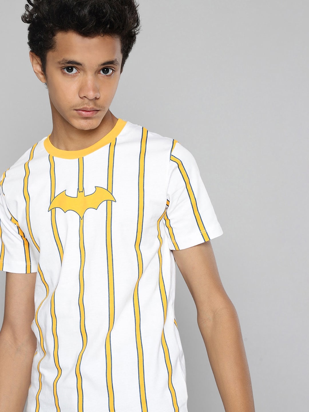 

Kook N Keech Batman Teens Boys White & Mustard Yellow Pure Cotton Striped T-shirt