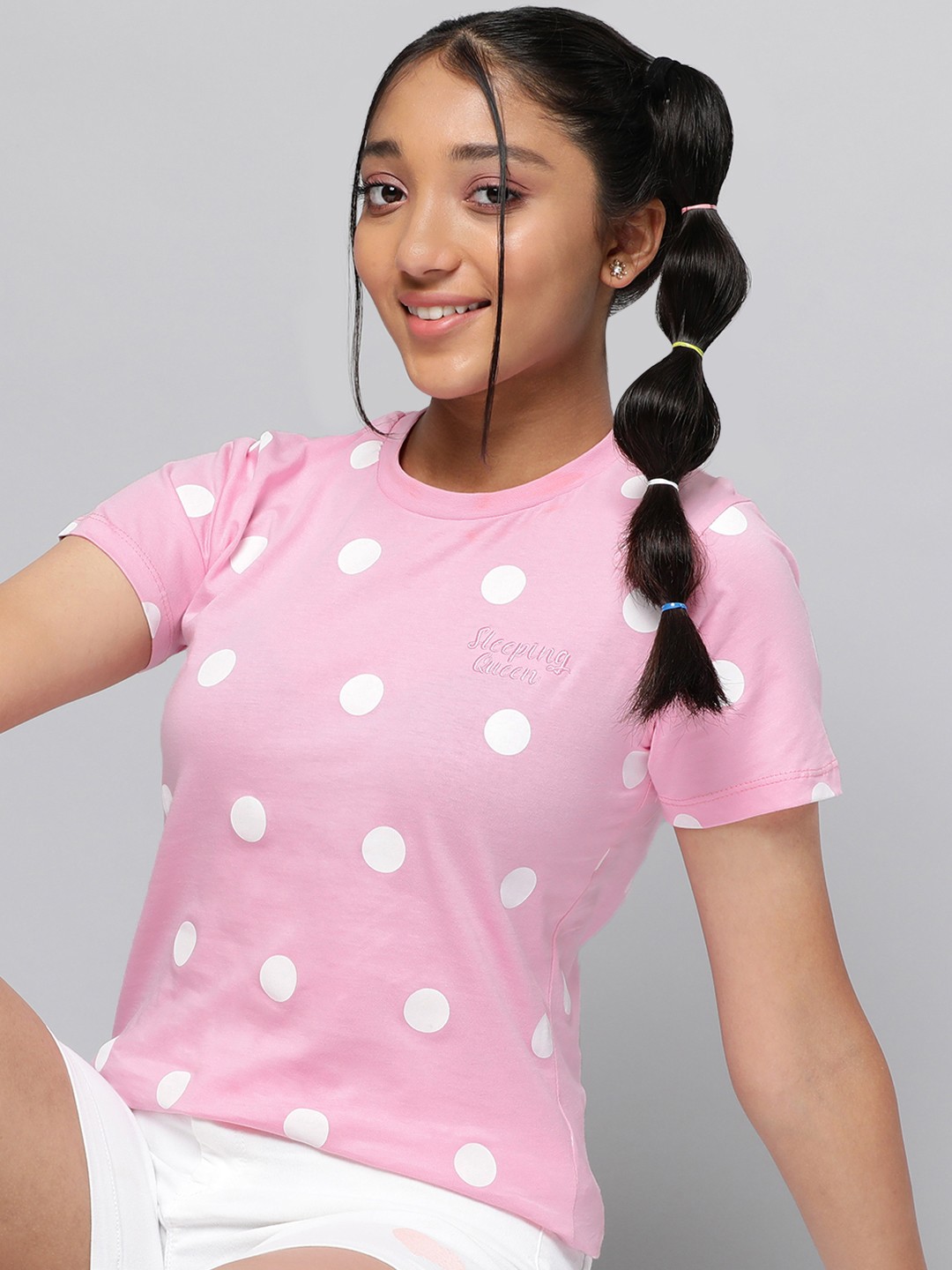 

Kook N Keech Teens Girls Pink & White Polka-Dot Print Pure Cotton T-shirt