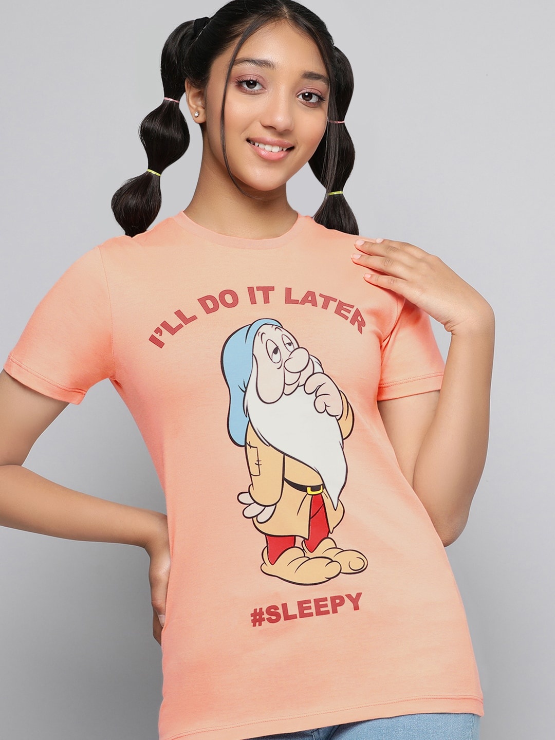 

Kook N Keech Disney Teens Girls Peach-Coloured & White Sleepy Printed Cotton T-shirt