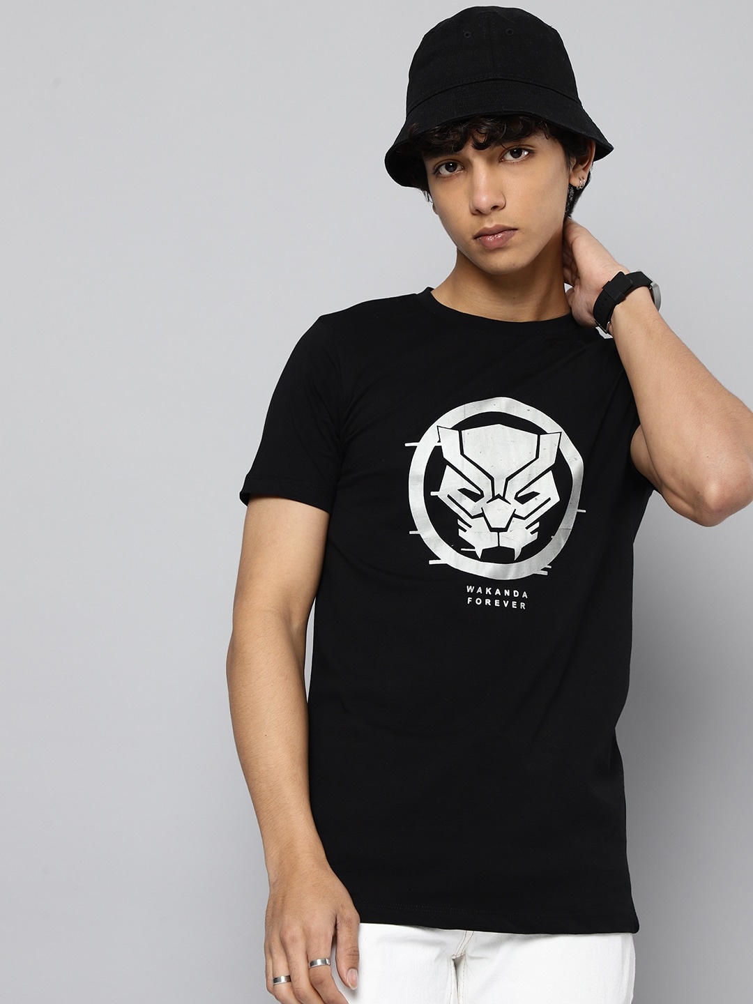 

Kook N Keech Marvel Teens Boys Black & Silver Black Panther Print Cotton T-shirt