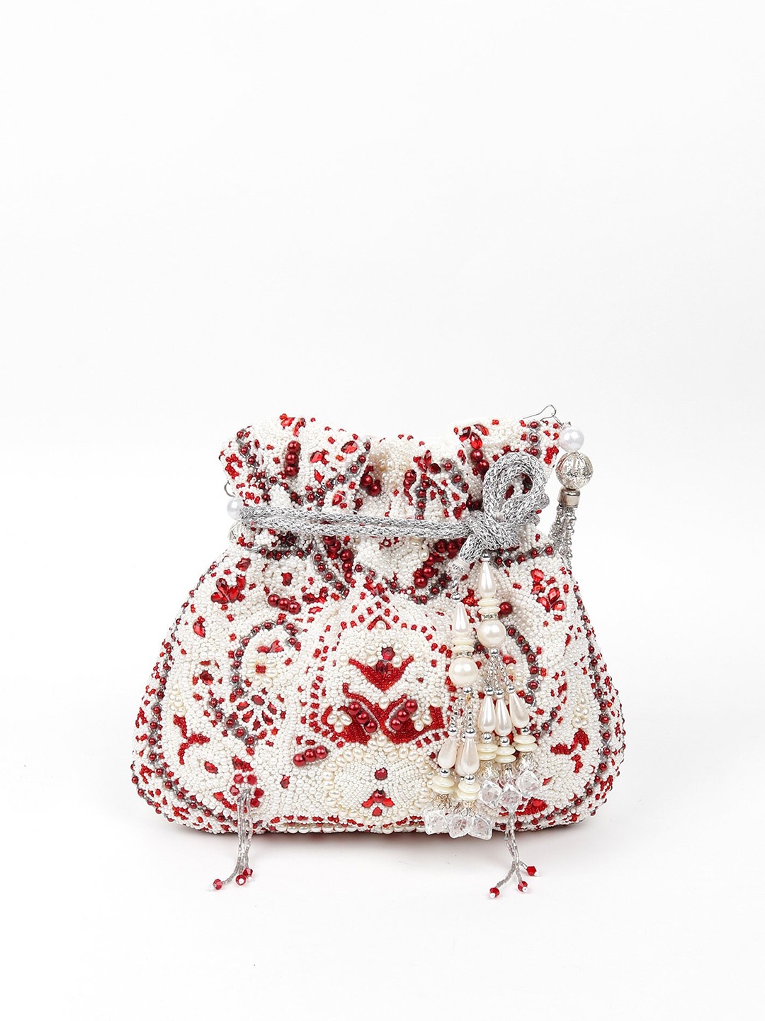 

ODETTE Women White & Red Embellished Potli Clutch