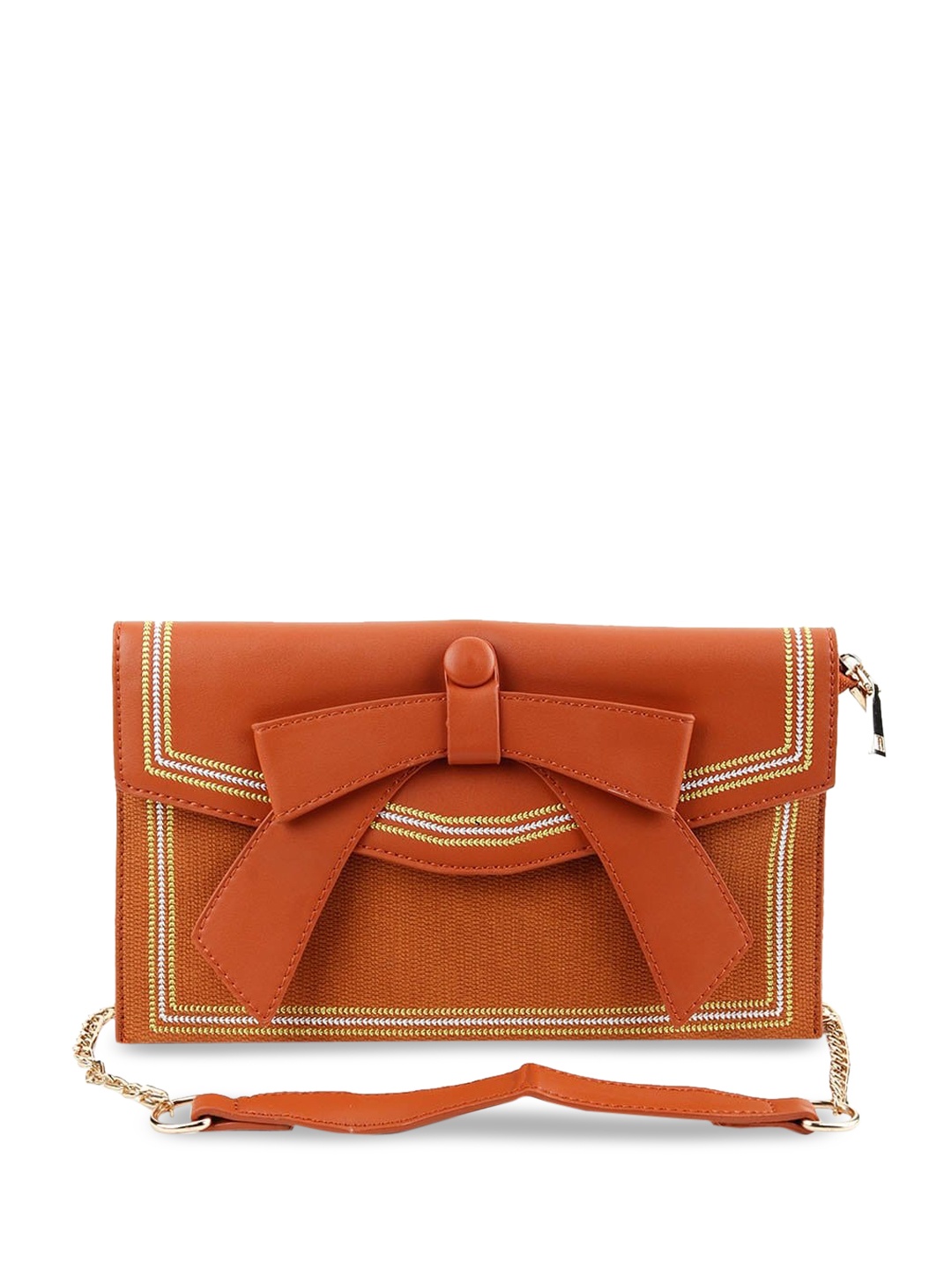 

ODETTE Brown & Yellow Leather Structured Sling Bag with Bow Detail