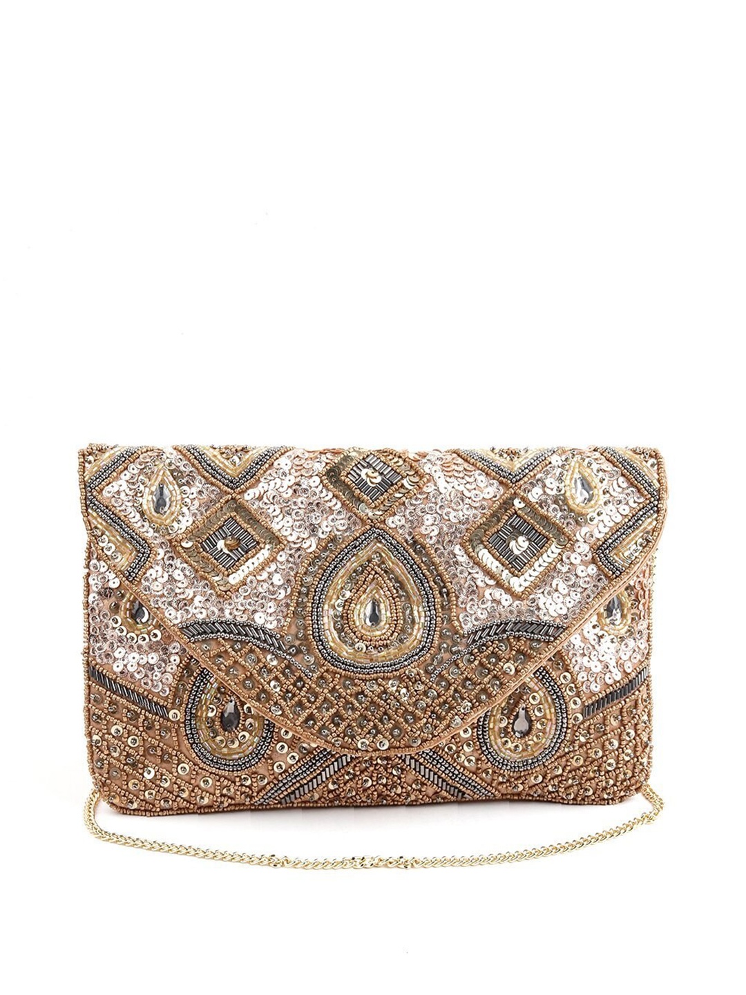 

ODETTE Gold-Toned & Pink Embellished Foldover Clutch
