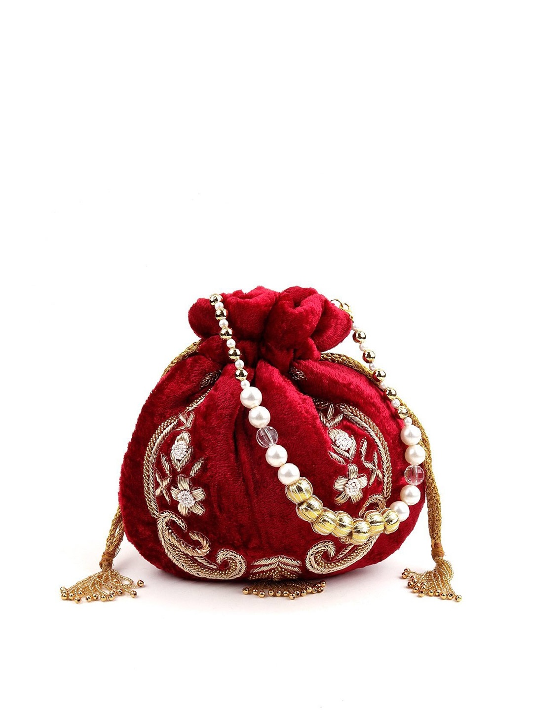 

ODETTE Red & Gold-Toned Dabka Embroidered & Beaded Potli Clutch