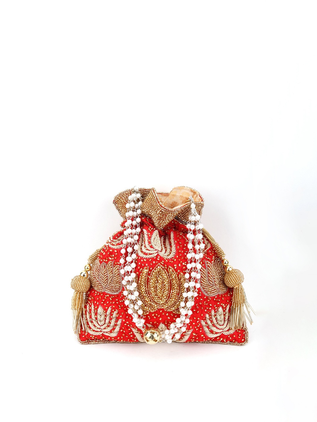 

ODETTE Red & Gold-Toned Textured Embroidered Potli Clutch