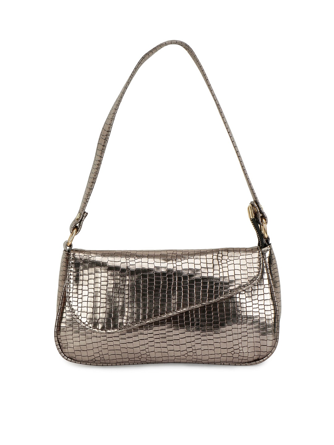 

ZEVORA Gunmetal-Toned Animal Textured PU Structured Handheld Bag, Metallic