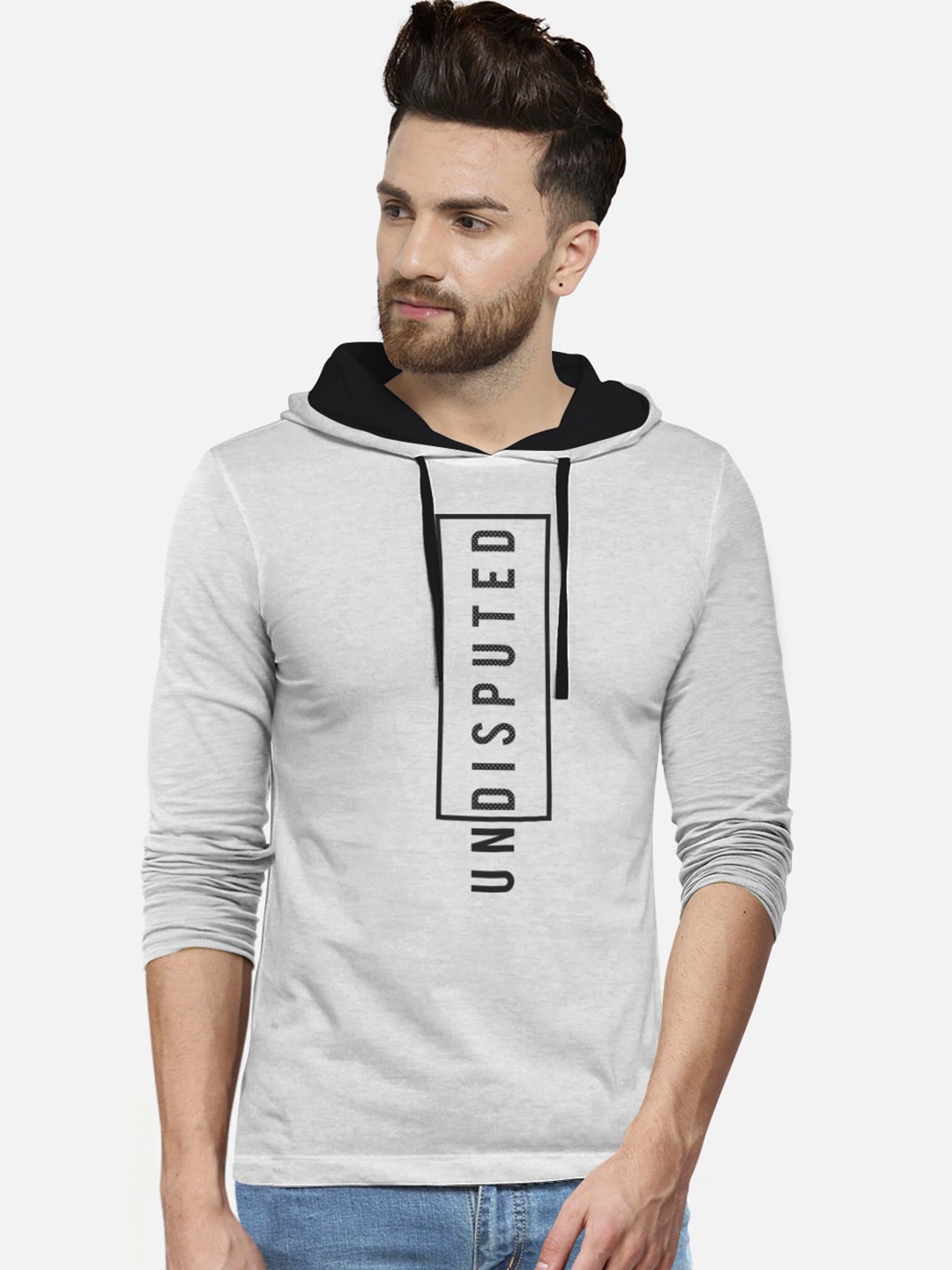 

BULLMER Men Grey Melange & Black Typography Printed Hooded T-shirt