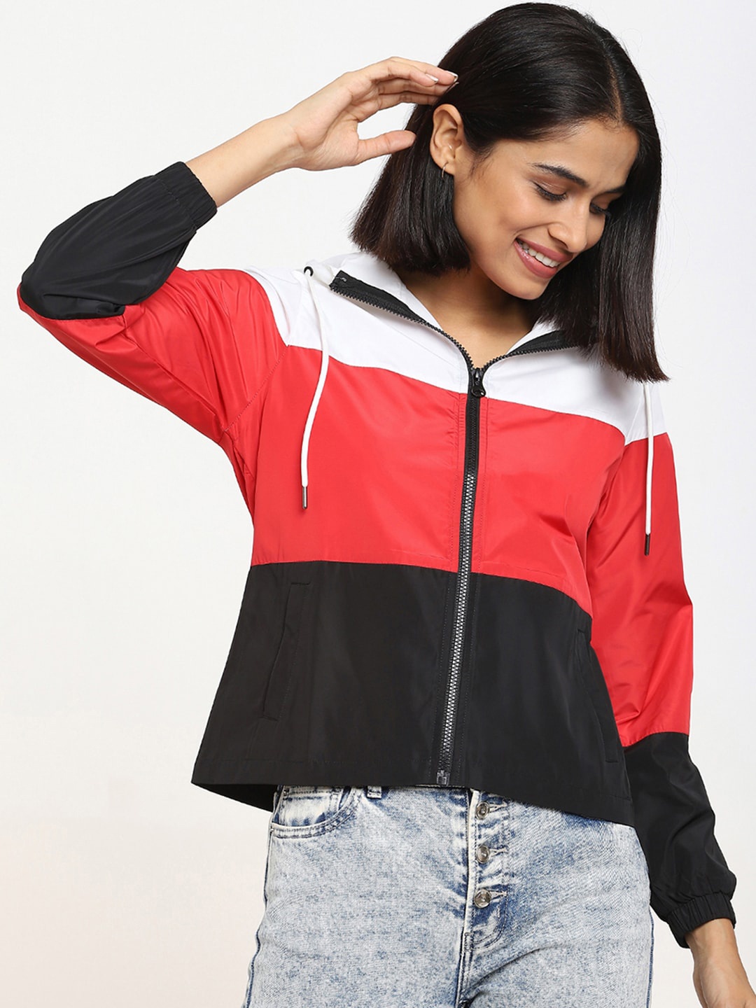

Bewakoof Women Red Colourblocked Crop Hooded Jacket