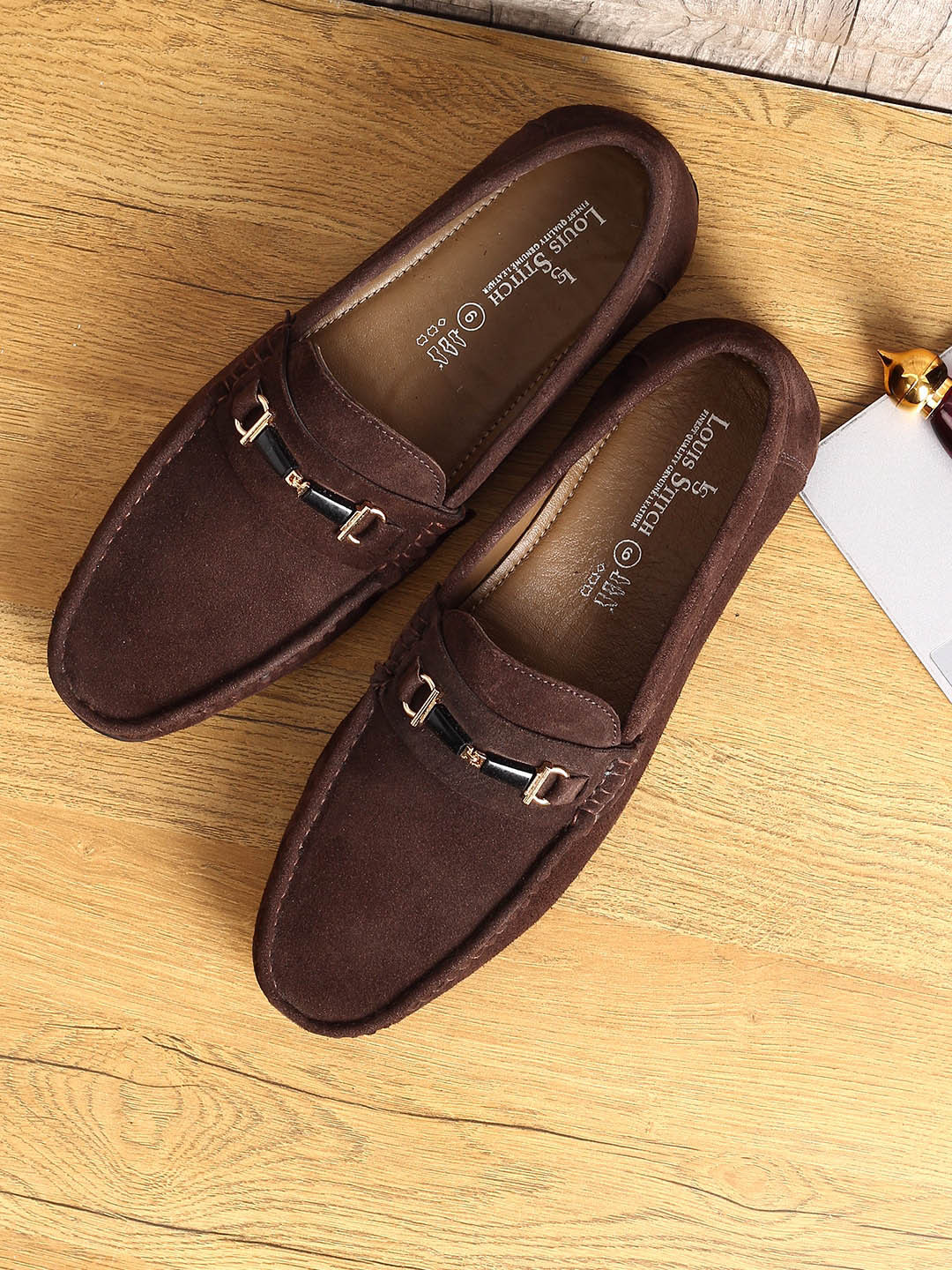 

LOUIS STITCH Men Classic Handmade Suede Driving Loafers, Brown