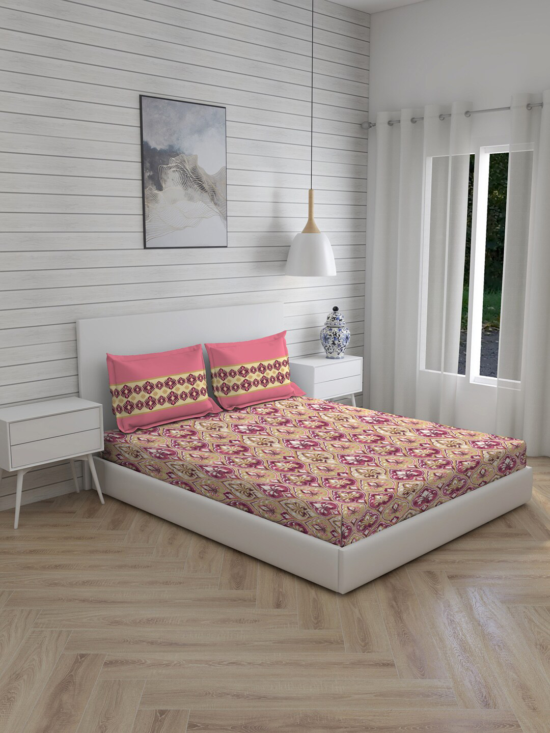 

Layers Pink & Tan Floral 104 TC Queen Bedsheet with 2 Pillow Covers