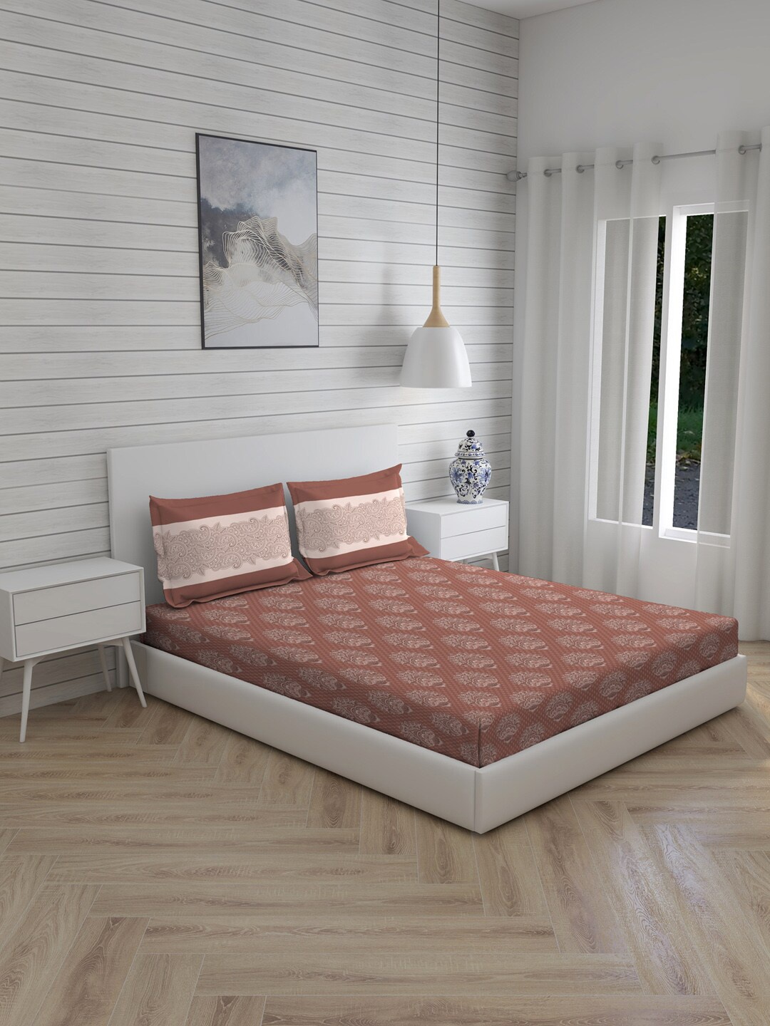 

Layers Maroon & Grey Ethnic Motifs 140 TC Queen Bedsheet with 2 Pillow Covers