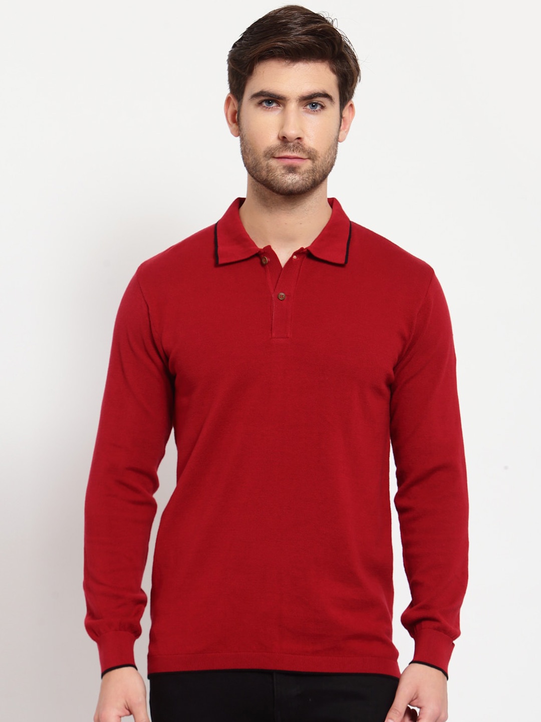 

Kalt Men Red Polo Collar Full Sleeve T-shirt