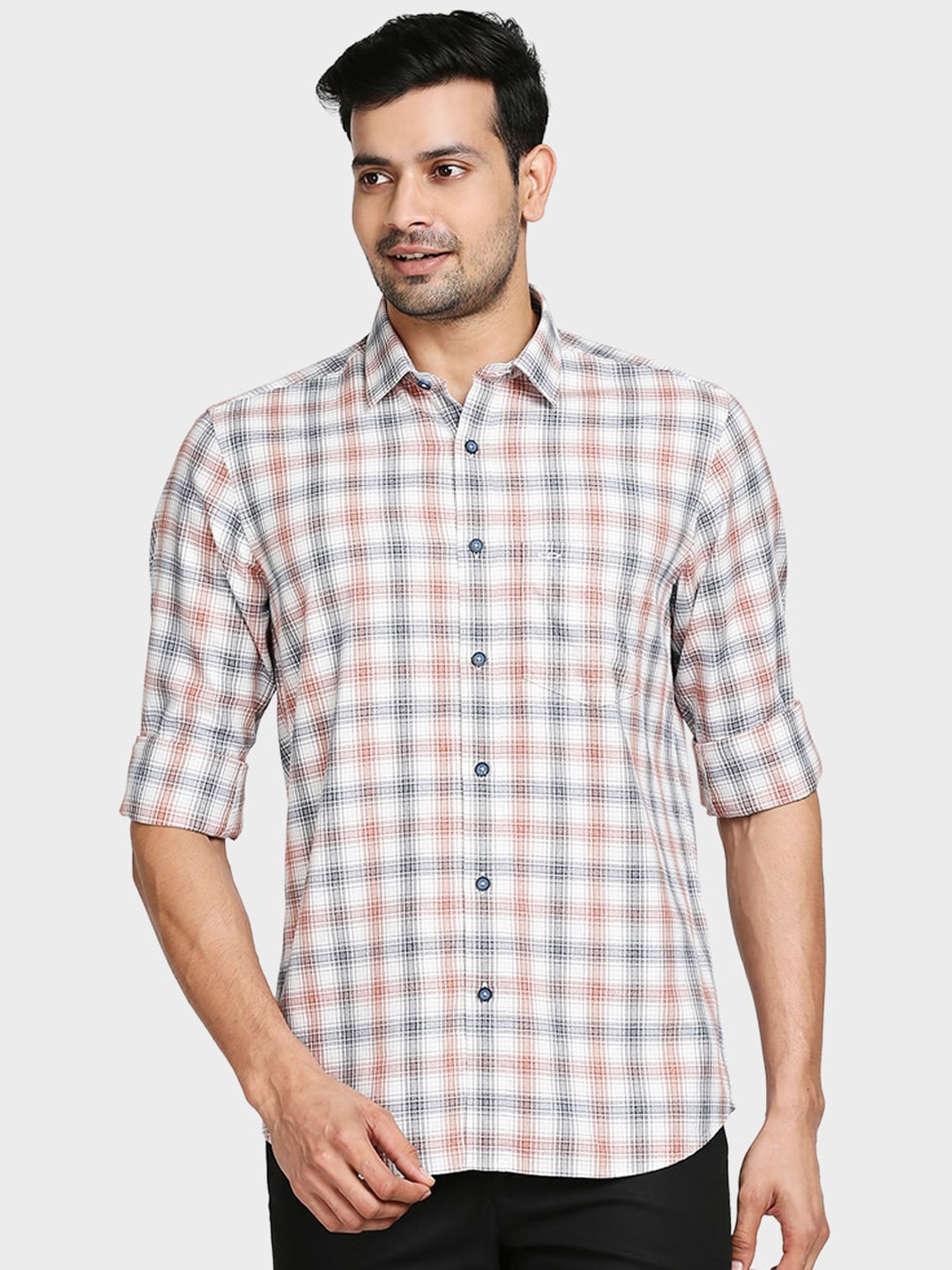 

ColorPlus Men Brown & White Tailored Fit Opaque Checked Casual Shirt
